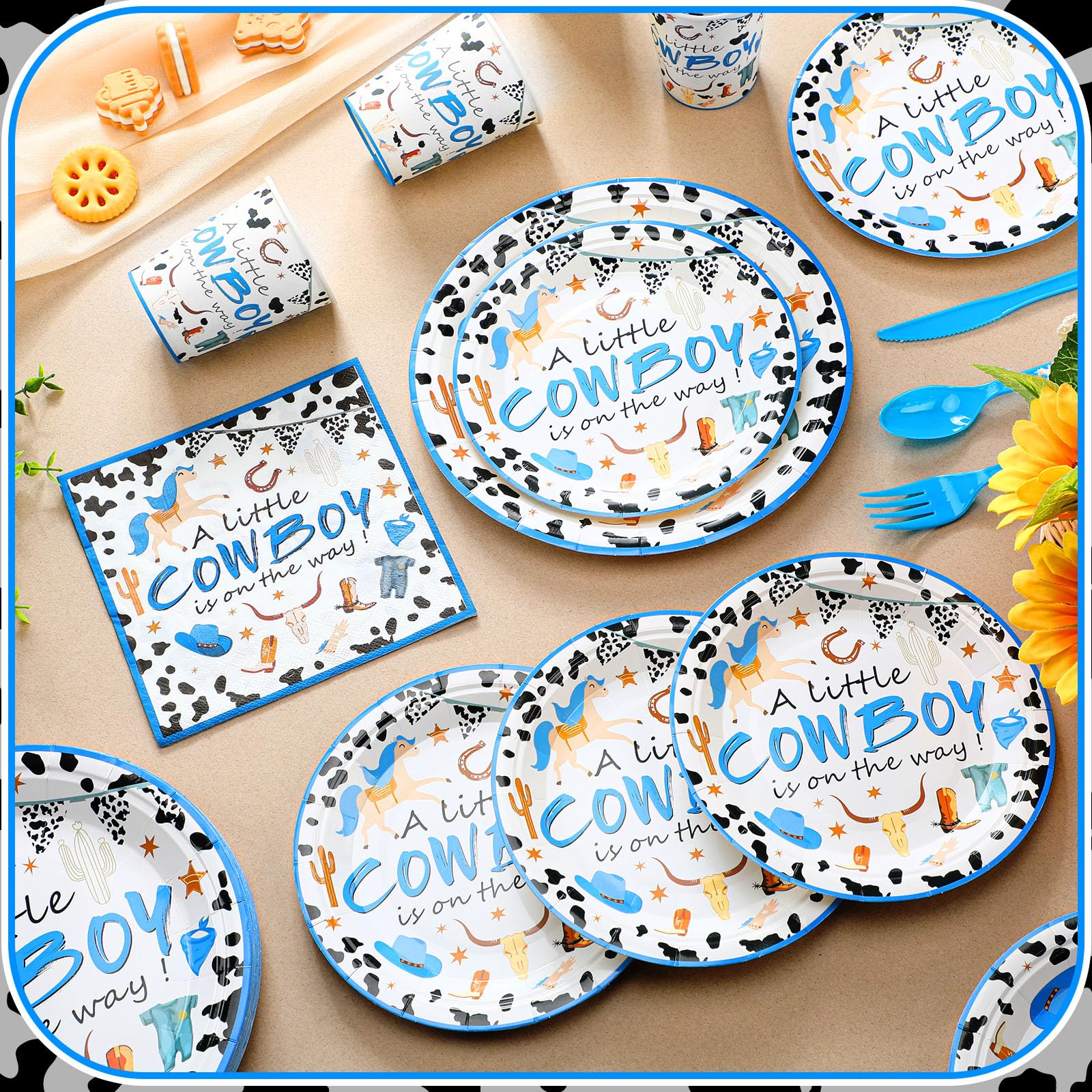 350 Pcs Cowboy Baby Shower Plates and Napkins Party Supplies Wild West a Little Cowboy Is on the Way Theme Tableware Set Western Cow Country Party Dessert Plates Napkins Forks for 50 Guest Baby Shower