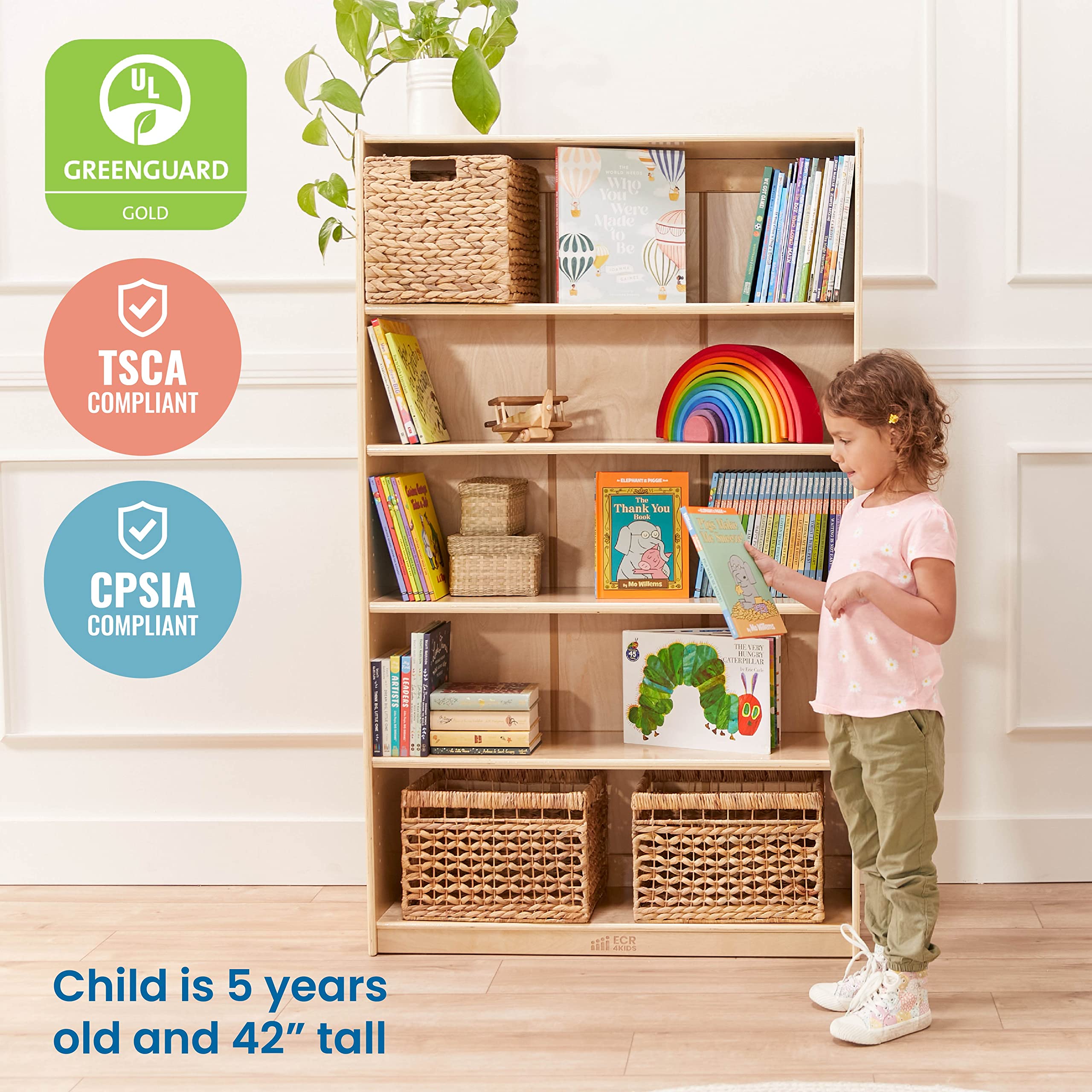 5-Shelf Wooden Bookcase for Kids