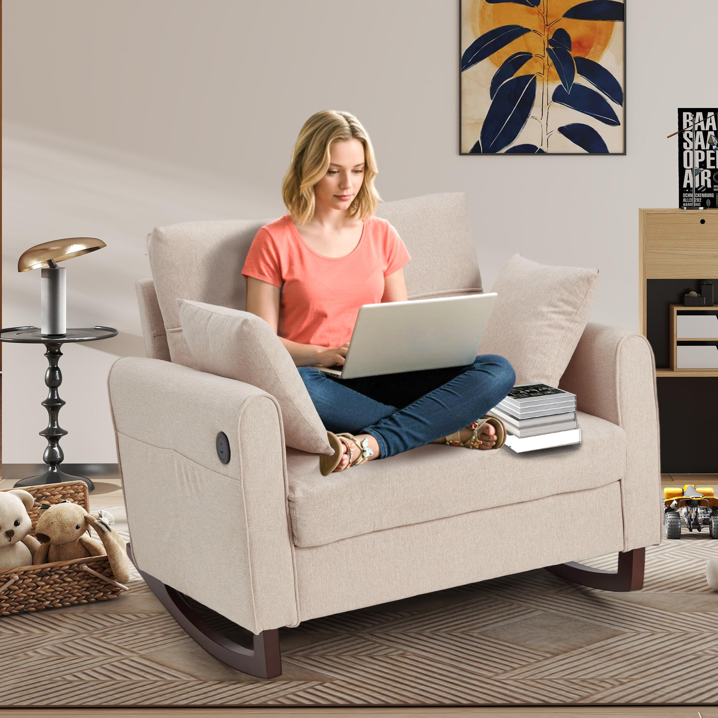 Oversized Nursery Rocking Chair with High Back and Side Pockets