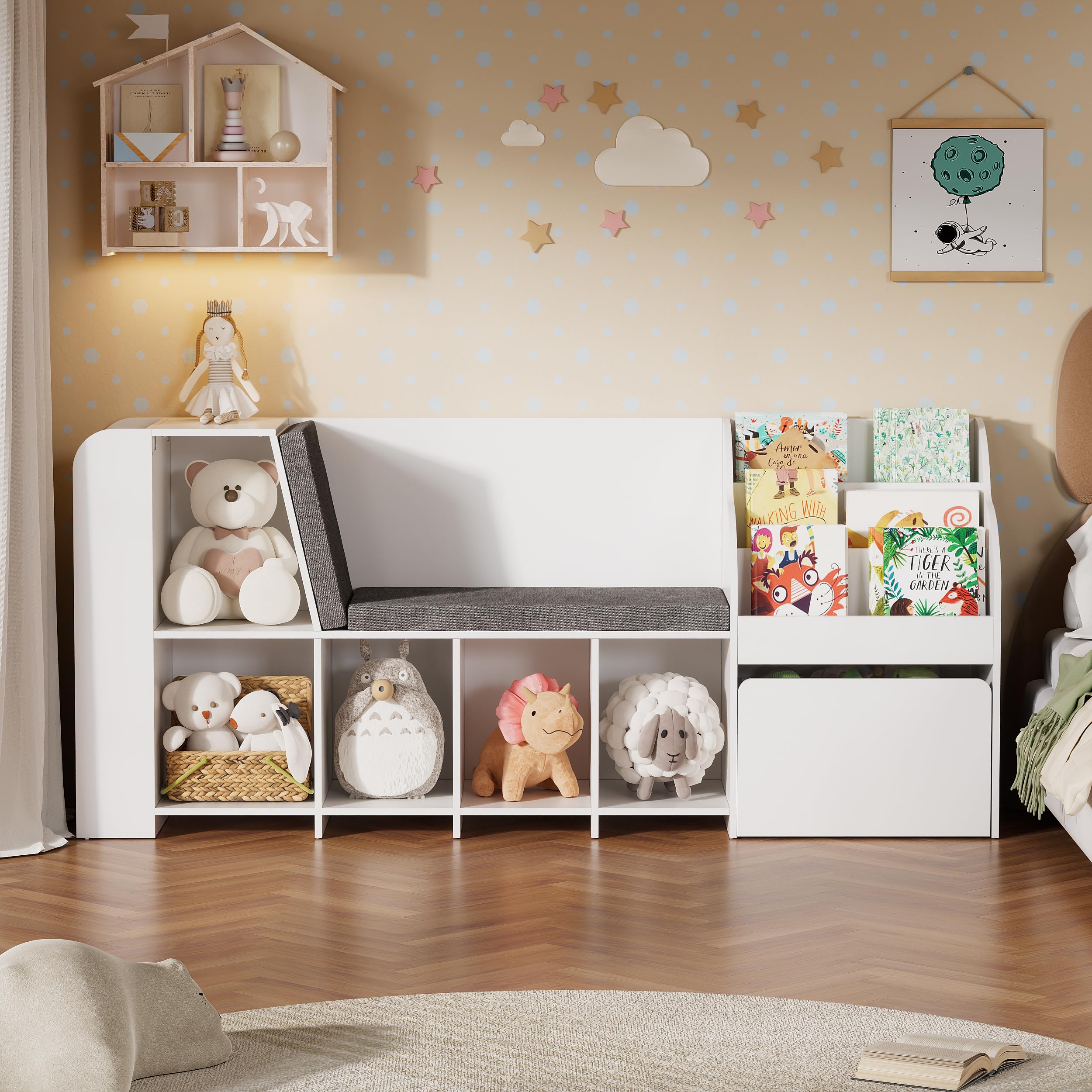 70.9" Kids Reading Nook with Bench, Kids Bookshelf