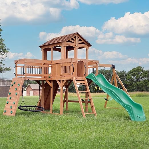 Sterling Point Cedar Wood Swing Set with Wave Slideing, Trapeze, Balcony, Climbing Wall, Ladder, Outdoor Playset