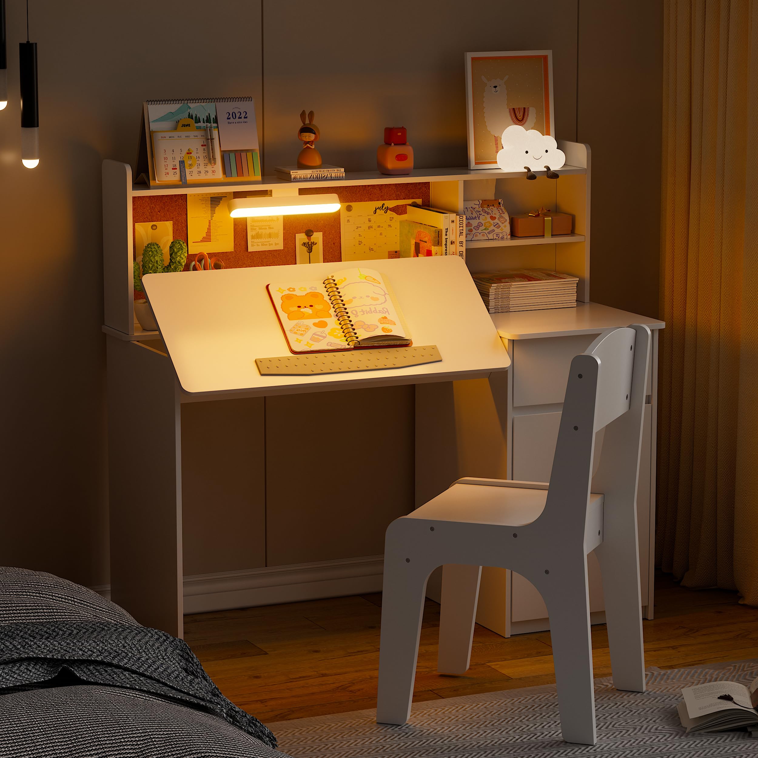 Kids Desk and Chair Set with LED Light and Tiltable Desktop