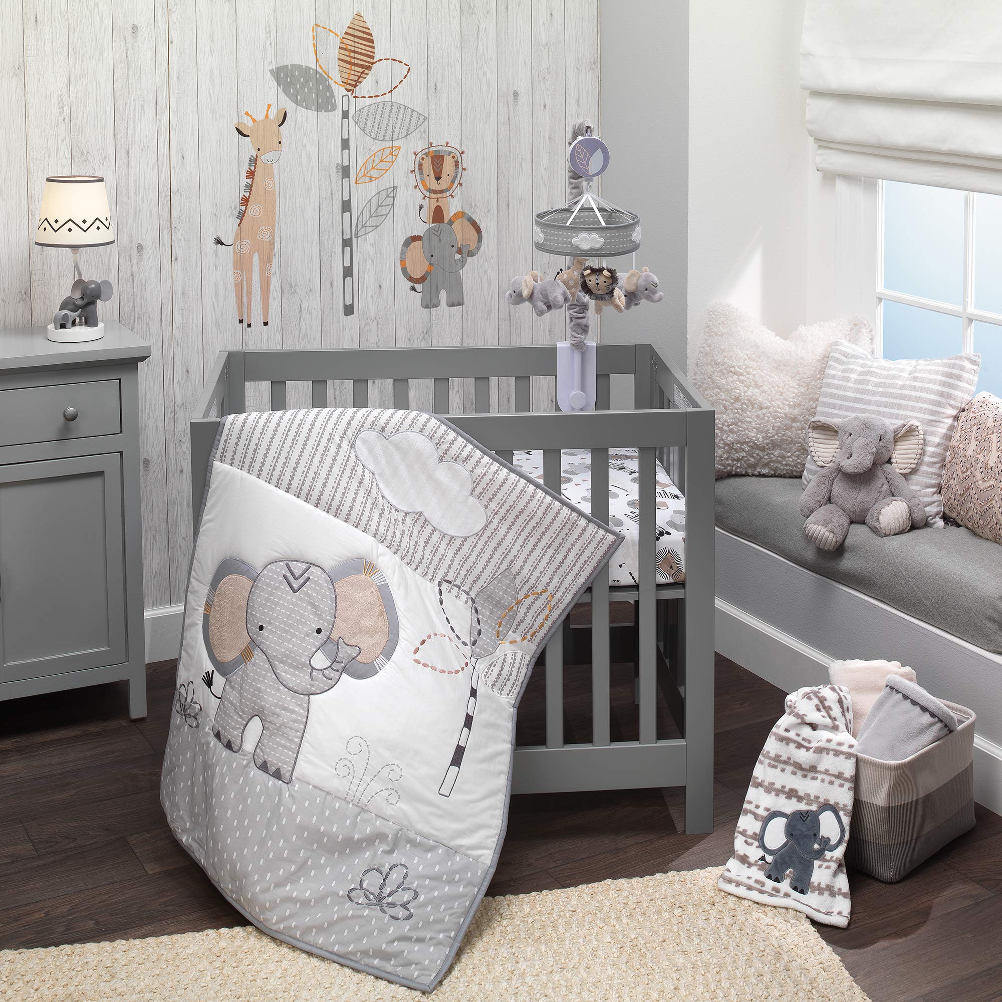 Elephant Mini Crib Bedding Set - Gray White Safari Theme