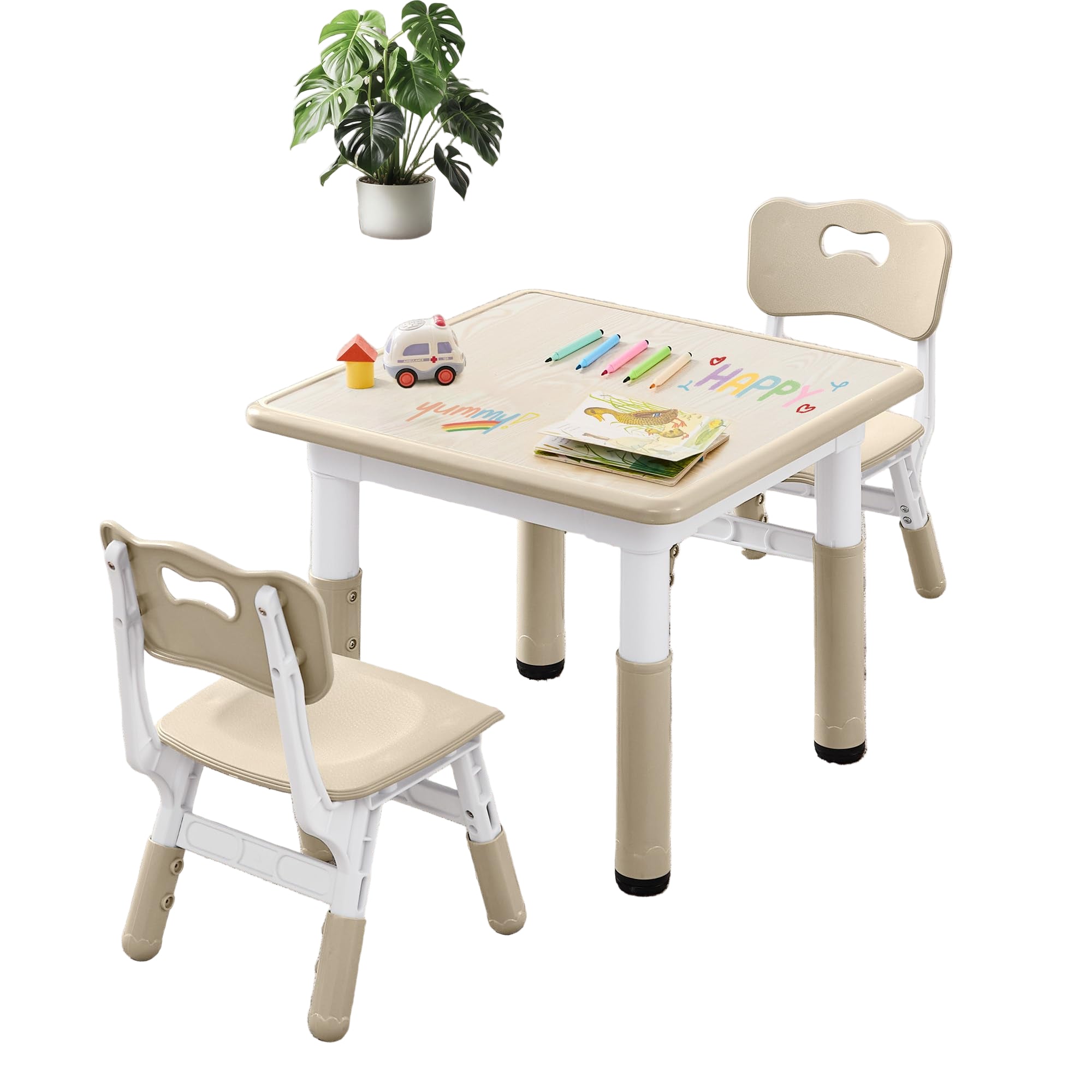 Kids Table & Chairs Set (2 Chairs) Height Adjustable for Ages 2-8 | Non-Slip Toddler
