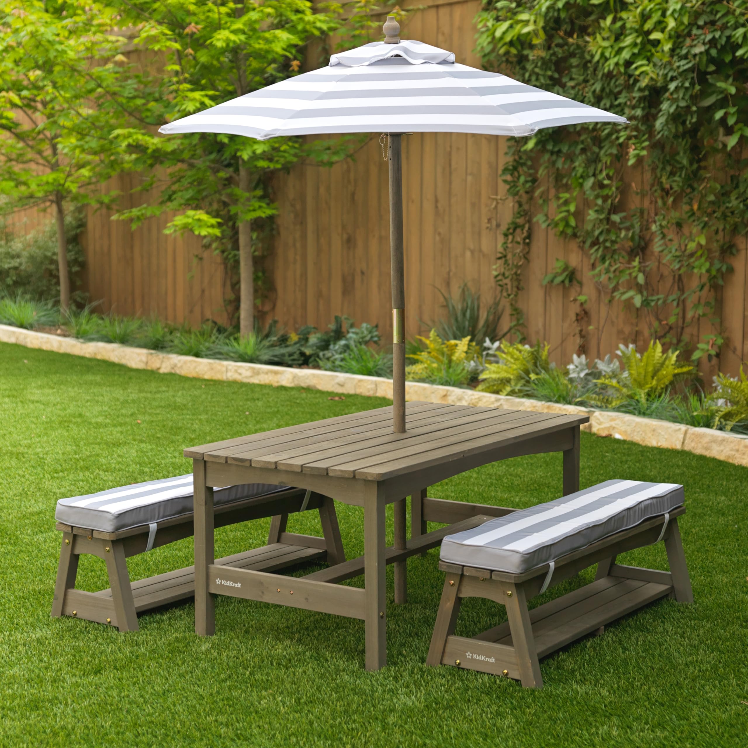 Outdoor Wooden Table & Bench Set with Cushions and Umbrella