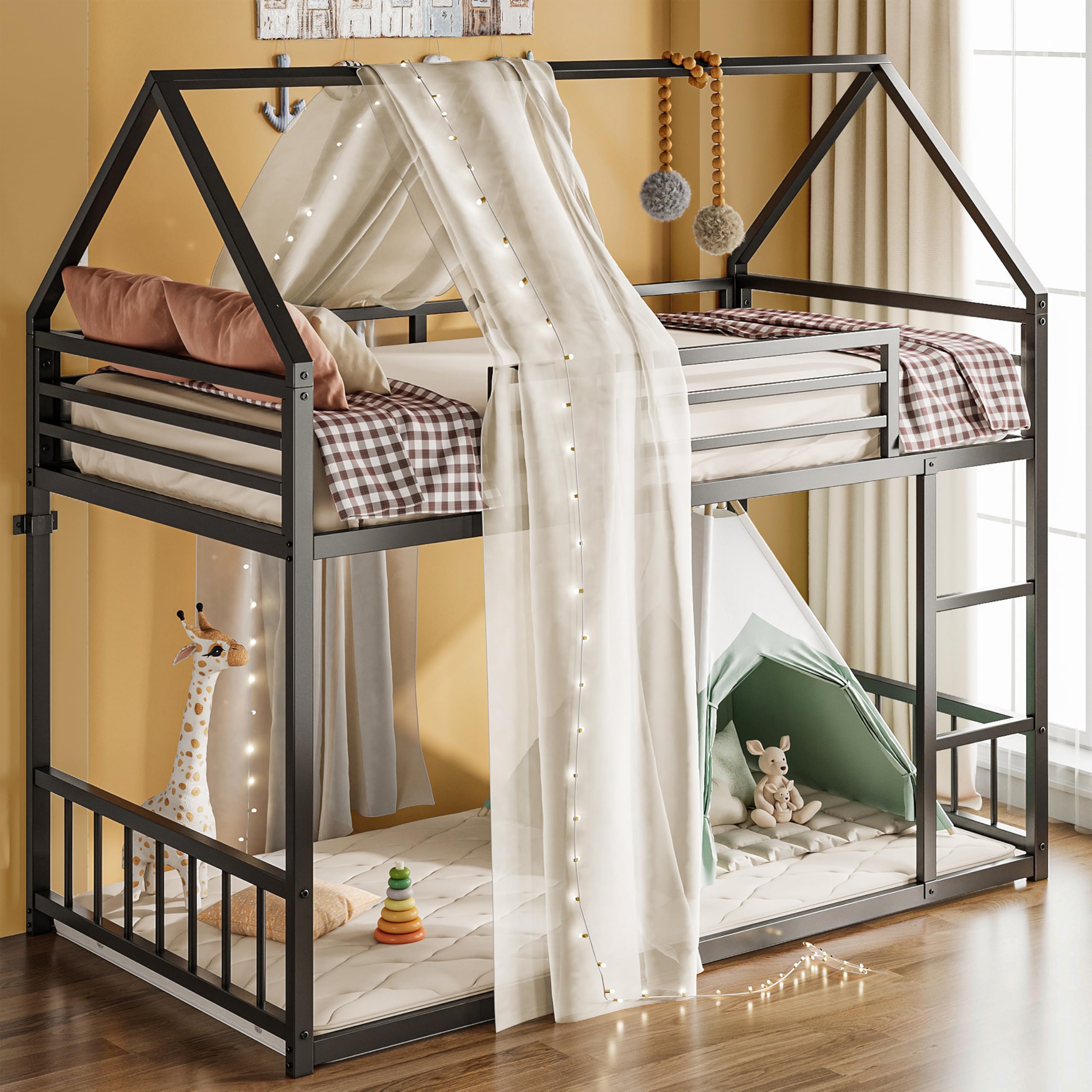 Twin Over Twin House Bunk Bed with Ladder and Guardrail