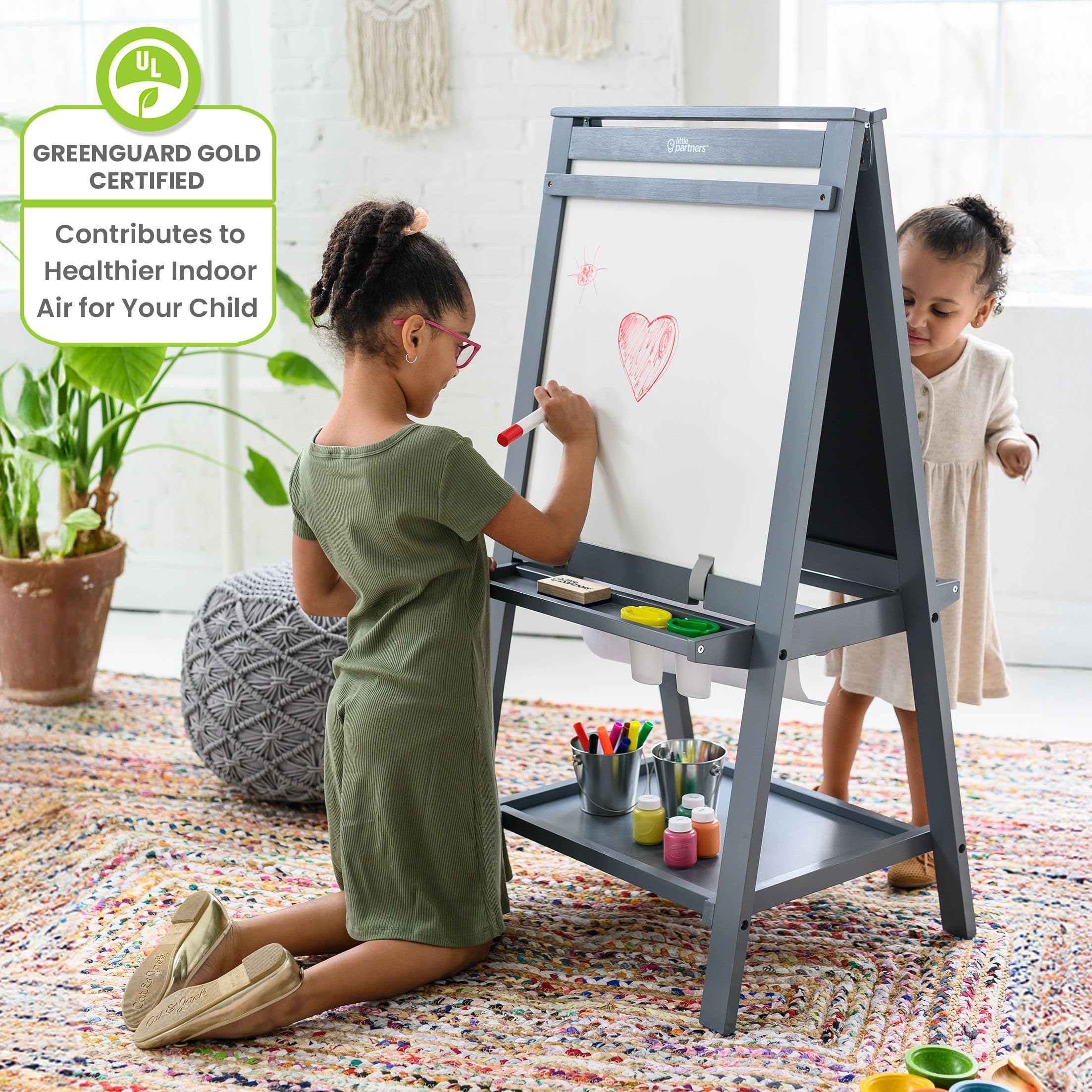 Little Partners Folding EZ Painting Easel for Kids, Dual-Sided Art Easel for Kids Art Station, Folds Flat with Chalkboard, Dry Erase Whiteboard, Paper, Eraser, Paint Cups, Shelf (Earl Grey)