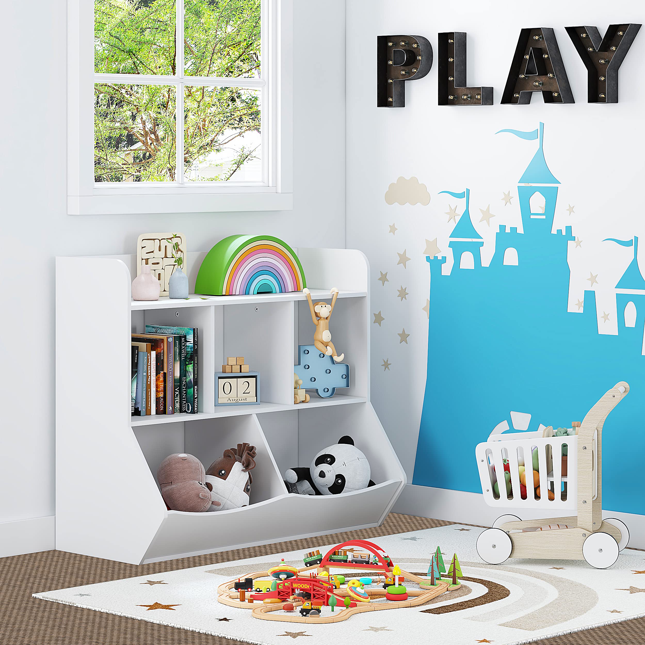 Toy Storage Organizer with Bookcase, Kid’s Multi Shelf Cubby for Books