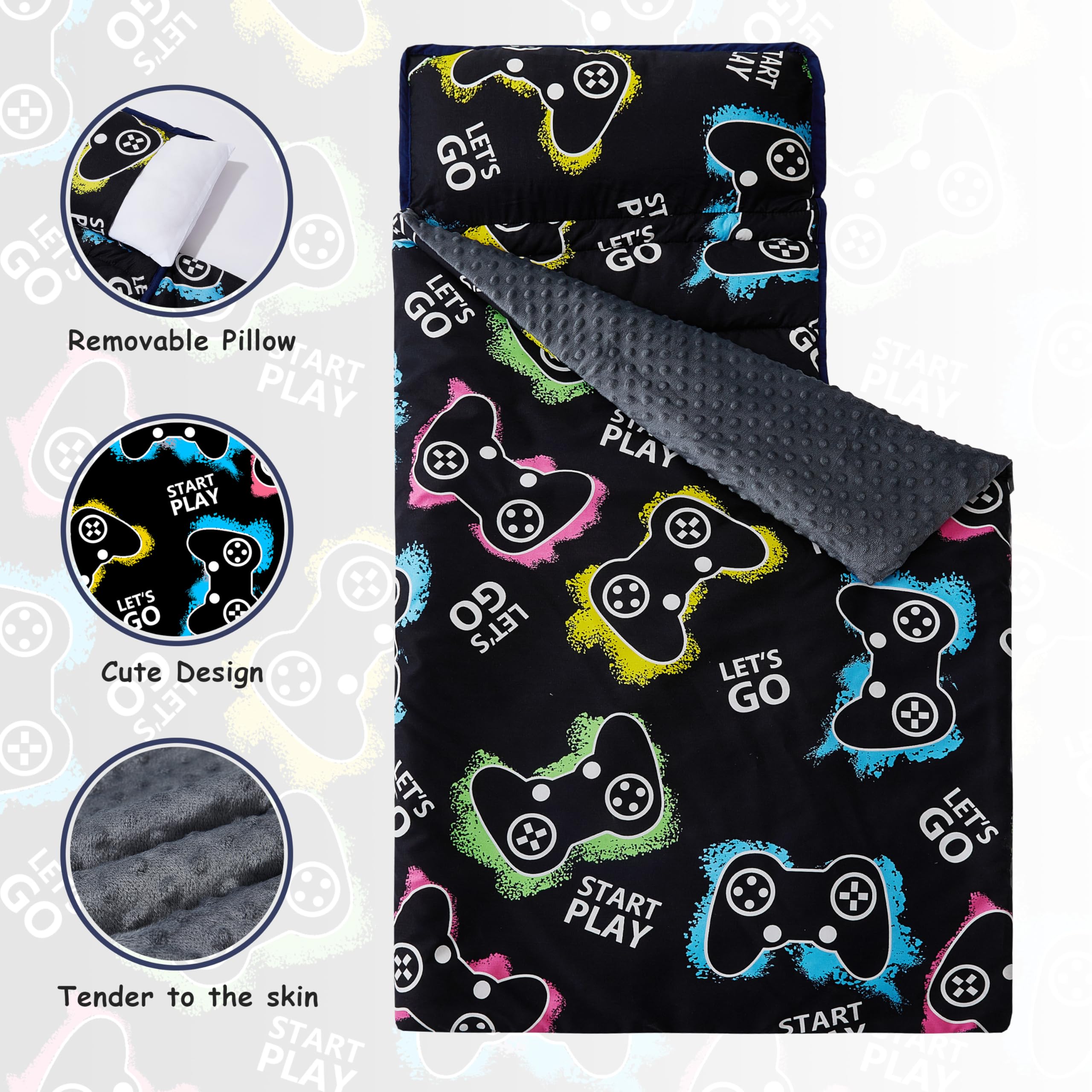 MORAIS Toddler Nap Mat with Removable Pillow and Blanket, Glow in The Dark 52" x 20" Lightweight and Soft Nap Mat for Preschool, Daycare, Travel Sleeping Mat Slumber Bag for Kids (Game)