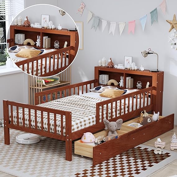 Kids Twin Bed Frame with Storage Headboard, Wooden Platform Bed