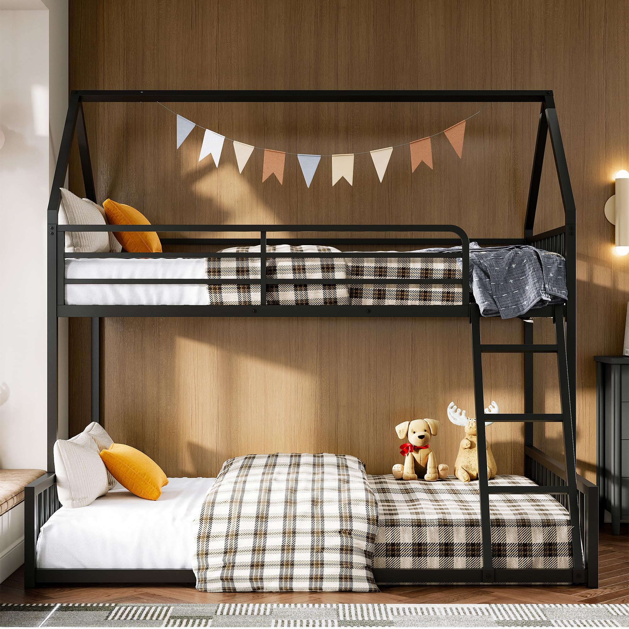 Bunk Bed Twin Over Full Size, House Bunk Bed Frame with Ladder and Guardrail