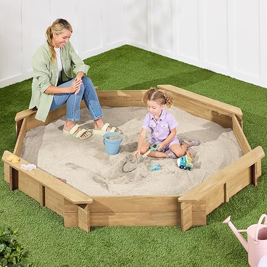 Kid's Large Octagonal Wooden Outdoor Sandbox with Cover w/ 4 Reinforced Benches