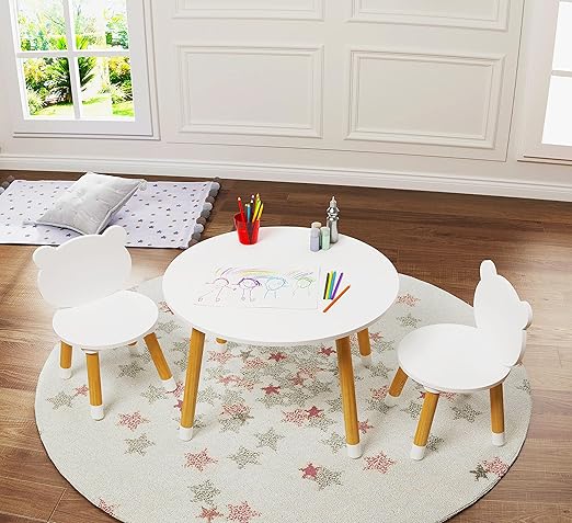 Kids Wood Table and Chair Set, Kids Play Table with 2 Chairs
