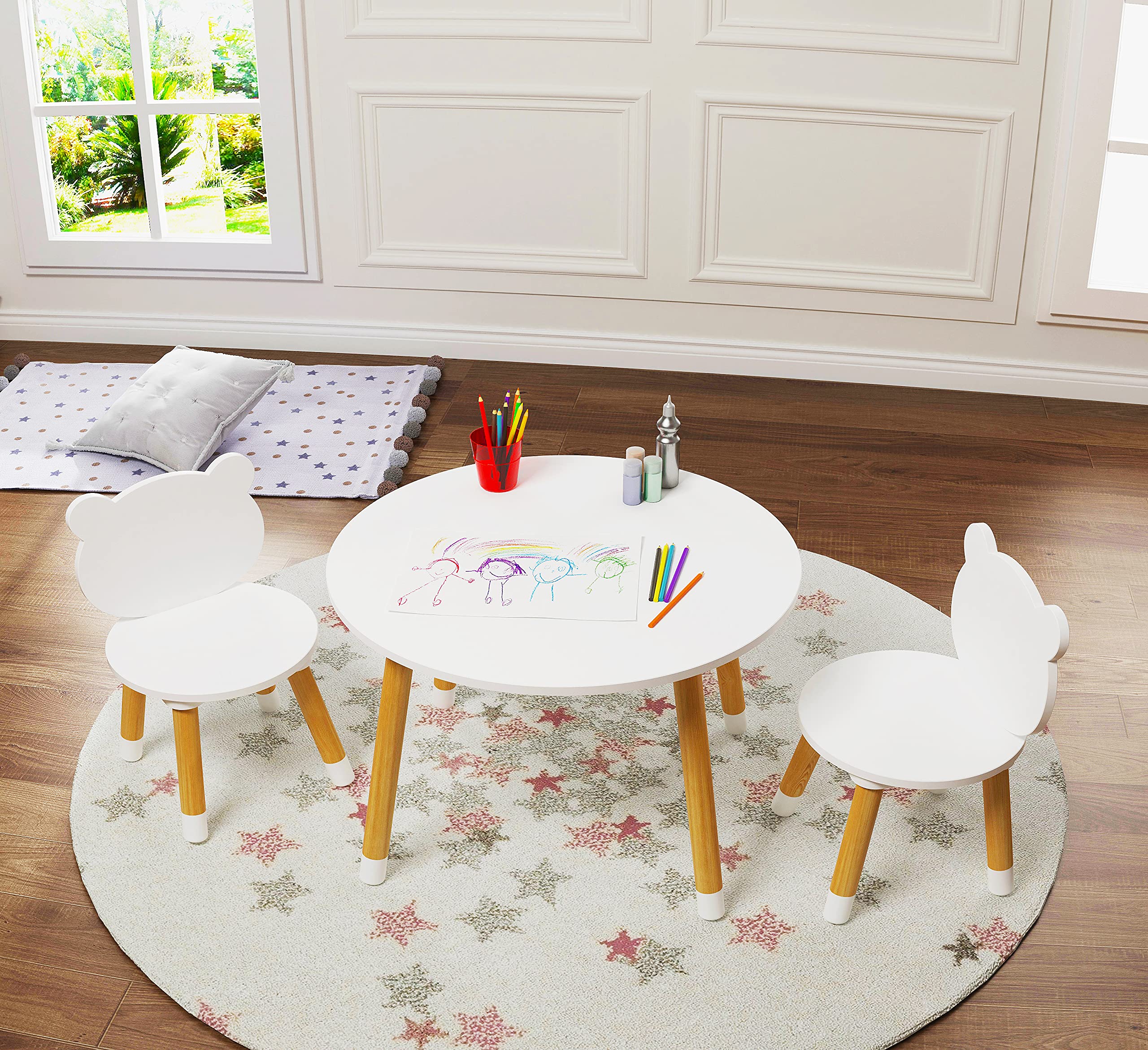 Kids Wood Table and Chair Set, Kids Play Table with 2 Chairs
