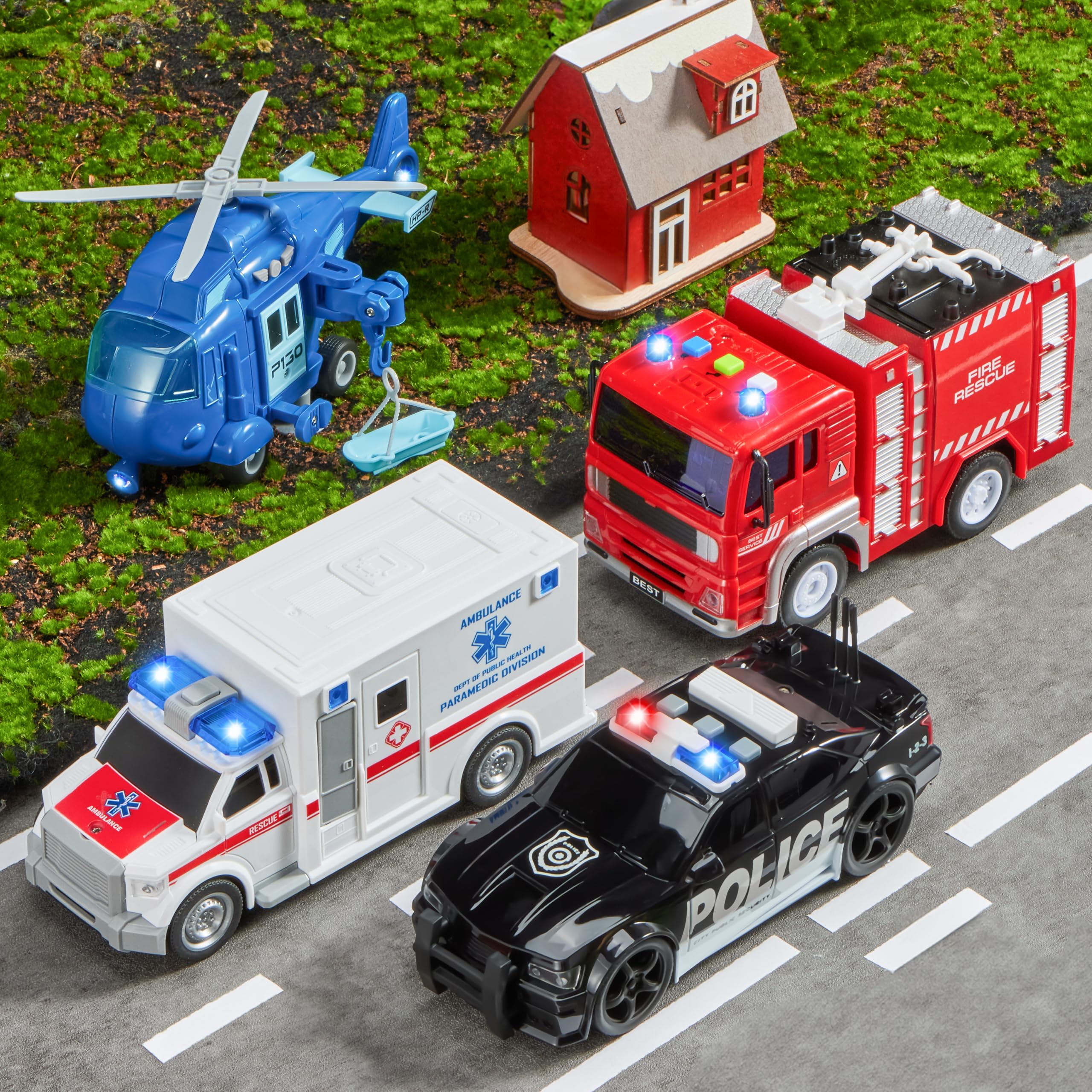4 Packs Emergency Vehicle Toy Playsets, Friction Powered Vehicles with Light and Sound