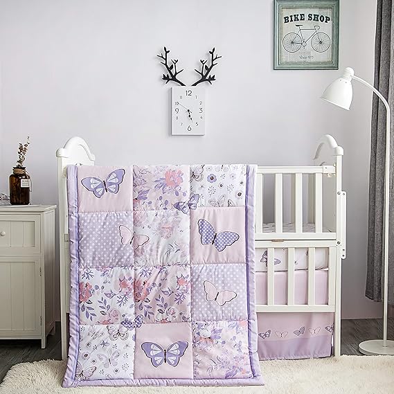 3-Piece Purple Butterfly Baby Crib Bedding Set for Girls