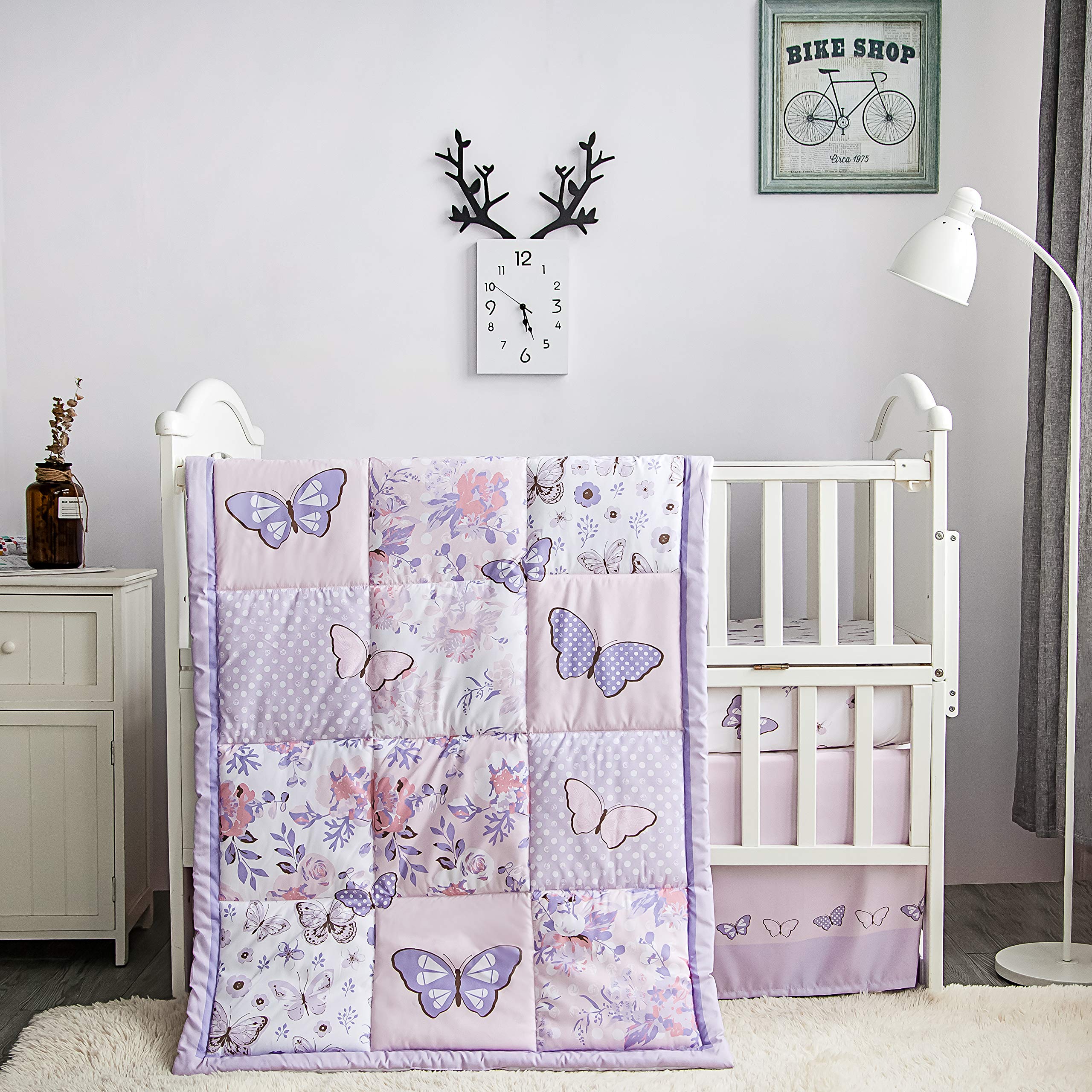 Purple Butterfly Baby Crib Bedding Set for Girls - 3 Piece Nursery Set