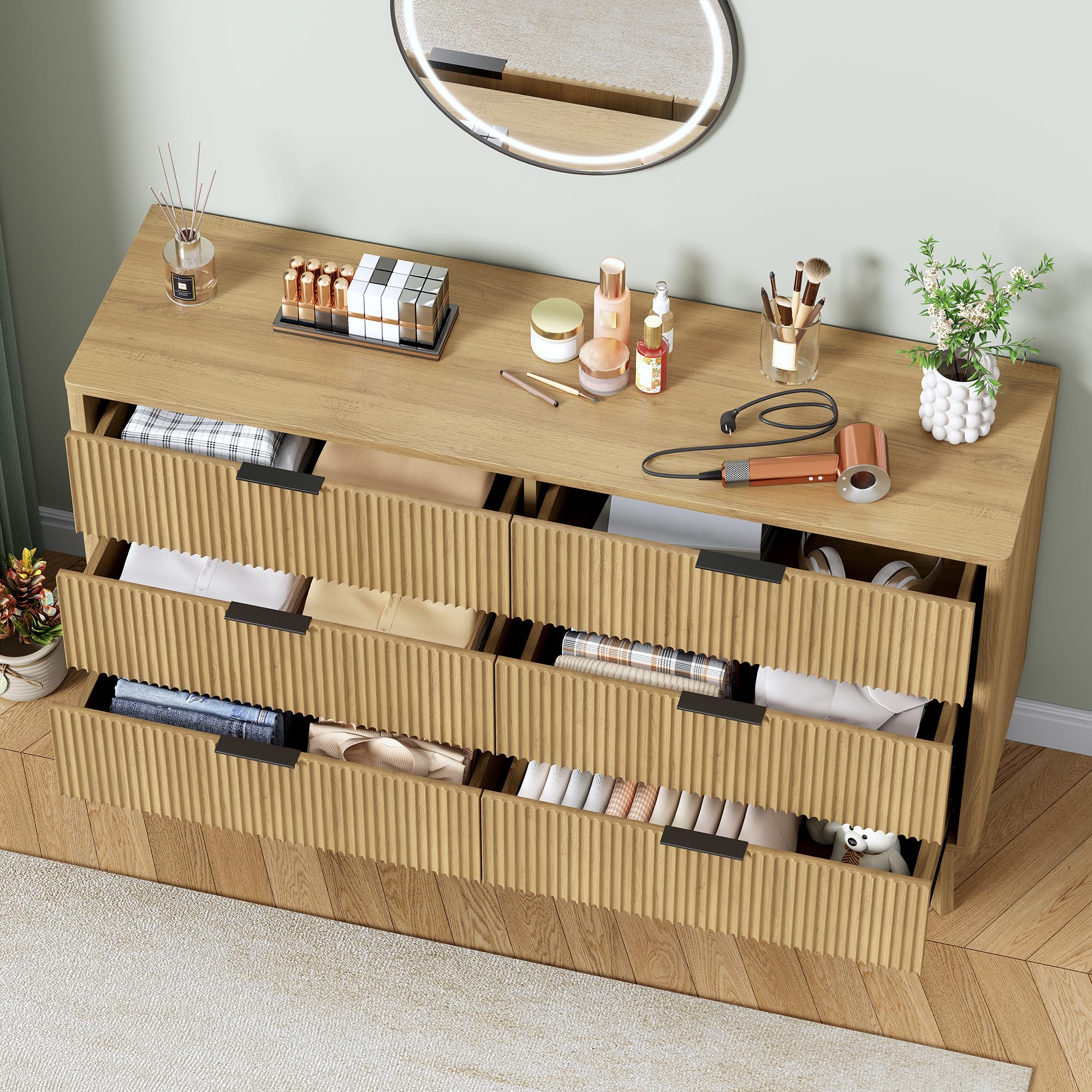 6-Drawer Fluted Dresser for Bedroom 54 Inch Wide