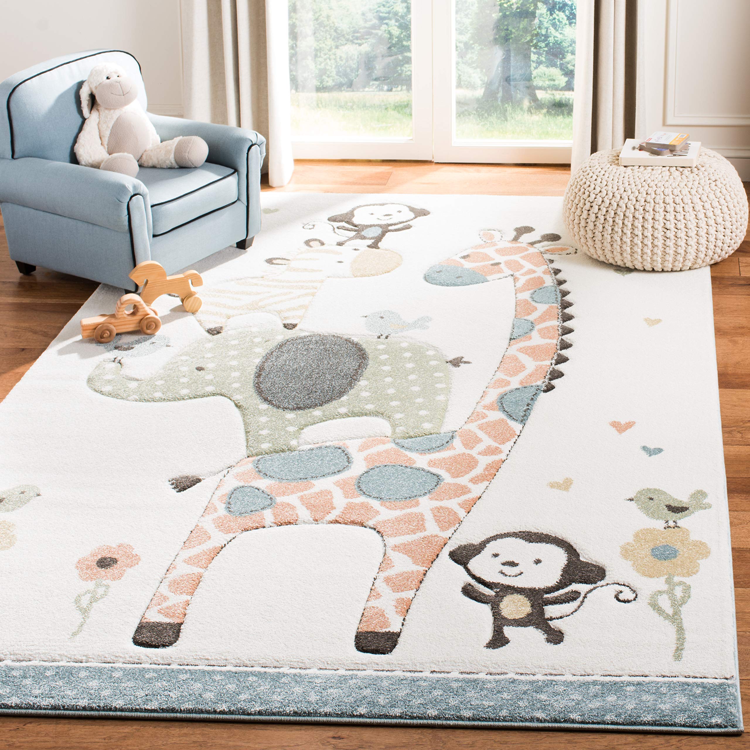 Carousel Kids Collection Area Rug - 5'3" x 7'6", Ivory, Animal Design, Non-Shedding