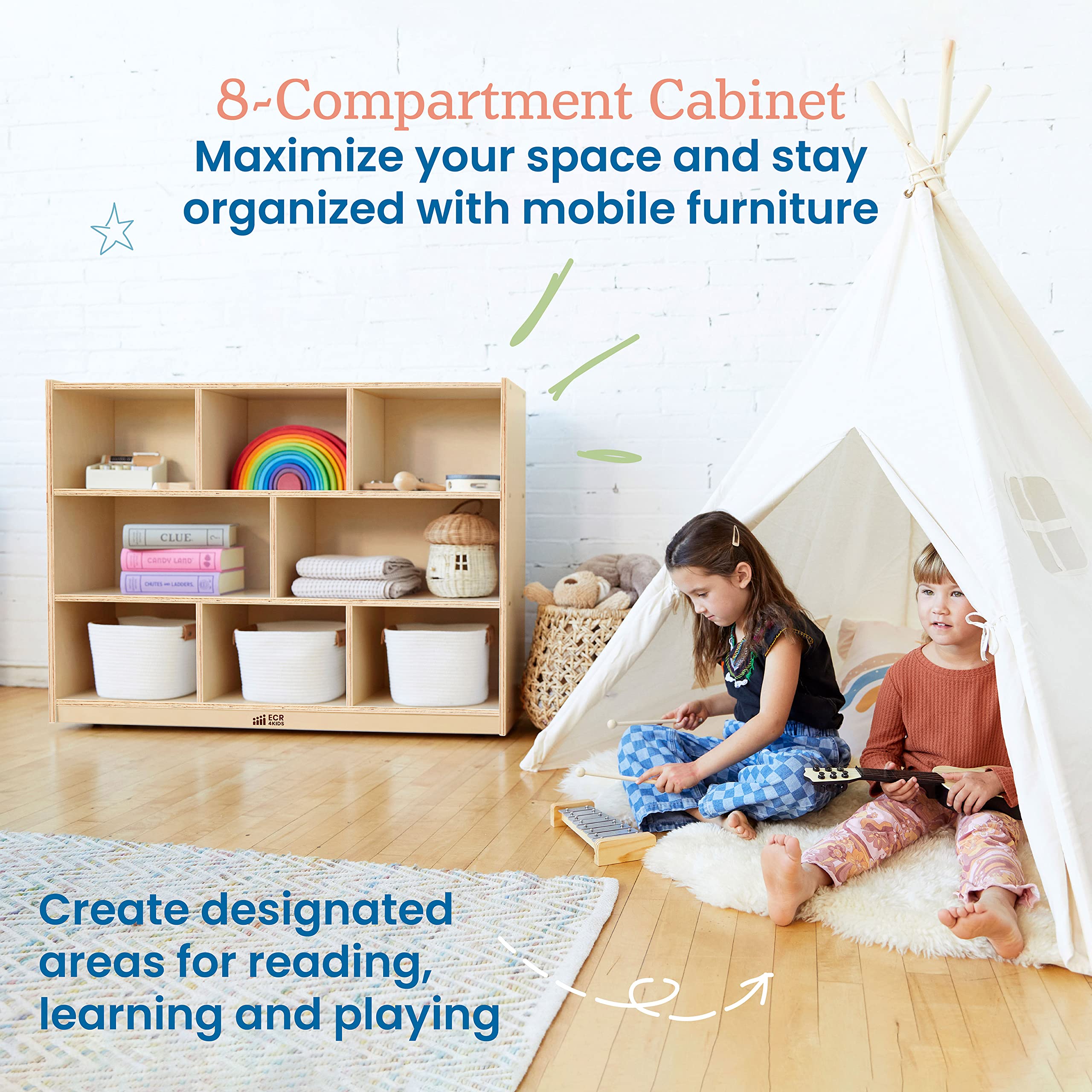 8-Compartment Mobile Storage Cabinet for Classroom and Playroom
