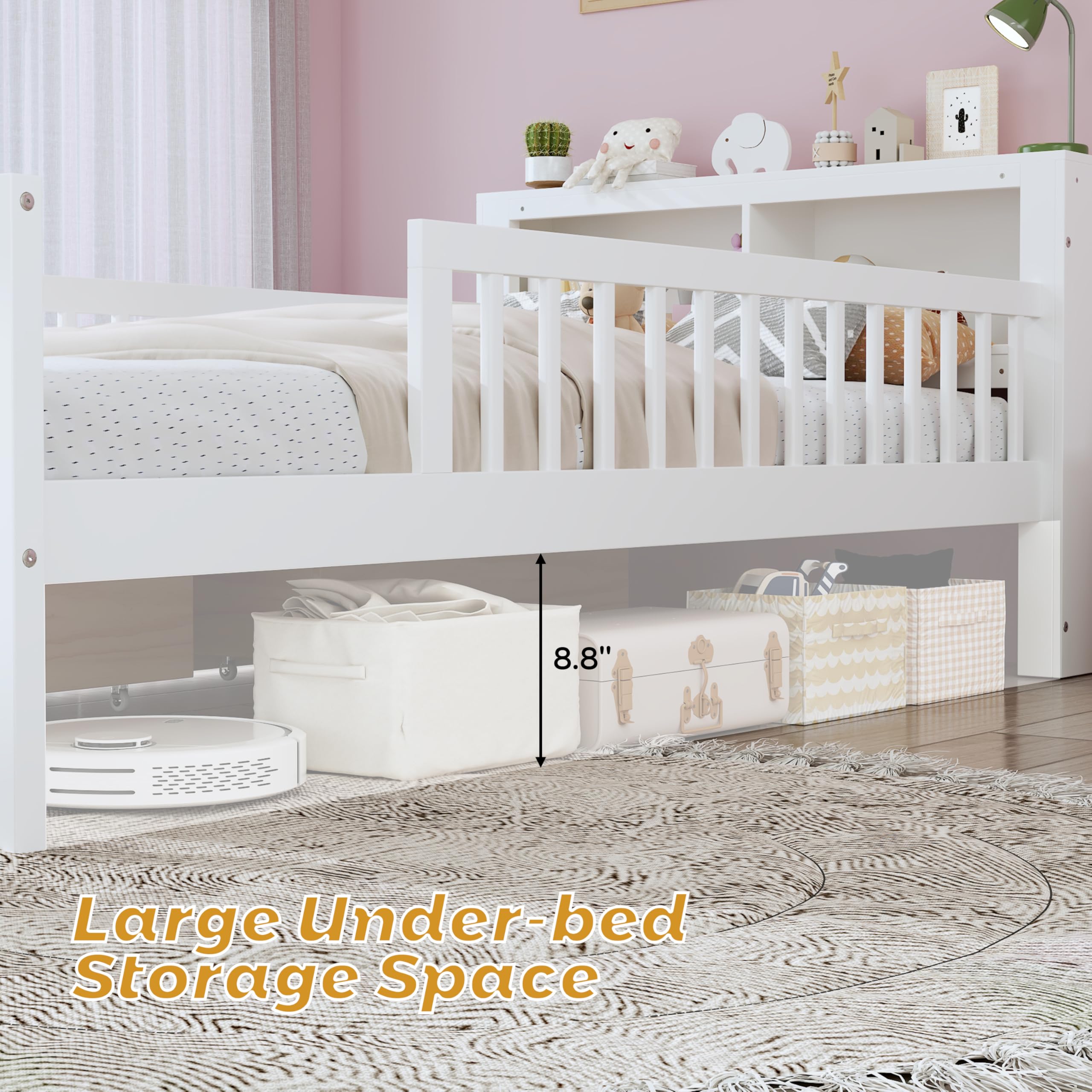 Kids Twin Bed Frame with Storage Drawers and Guardrails