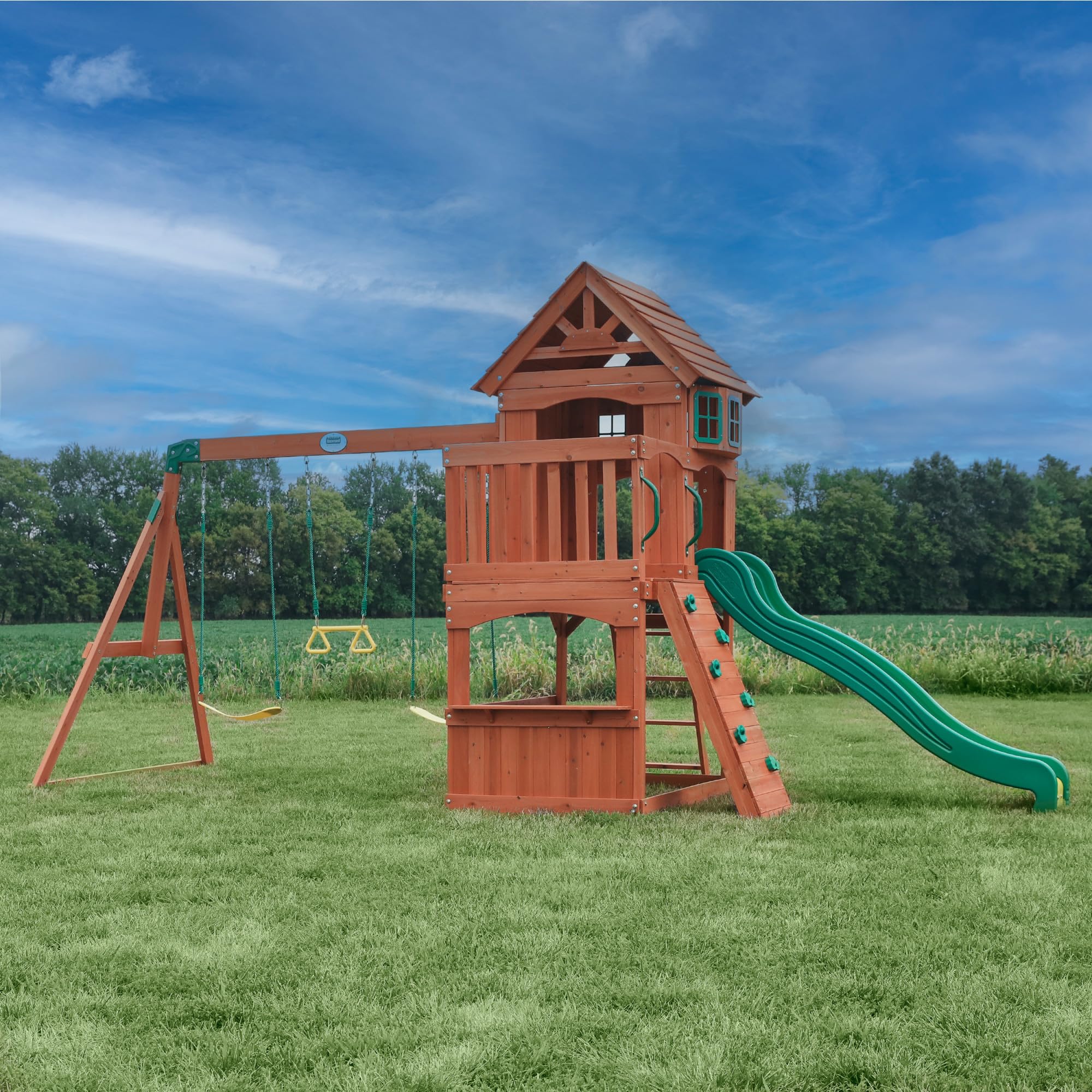 Cedar Wood Swing Set Outdoor Playset Clubhouse Wave Slide Rock Wall Trapeze