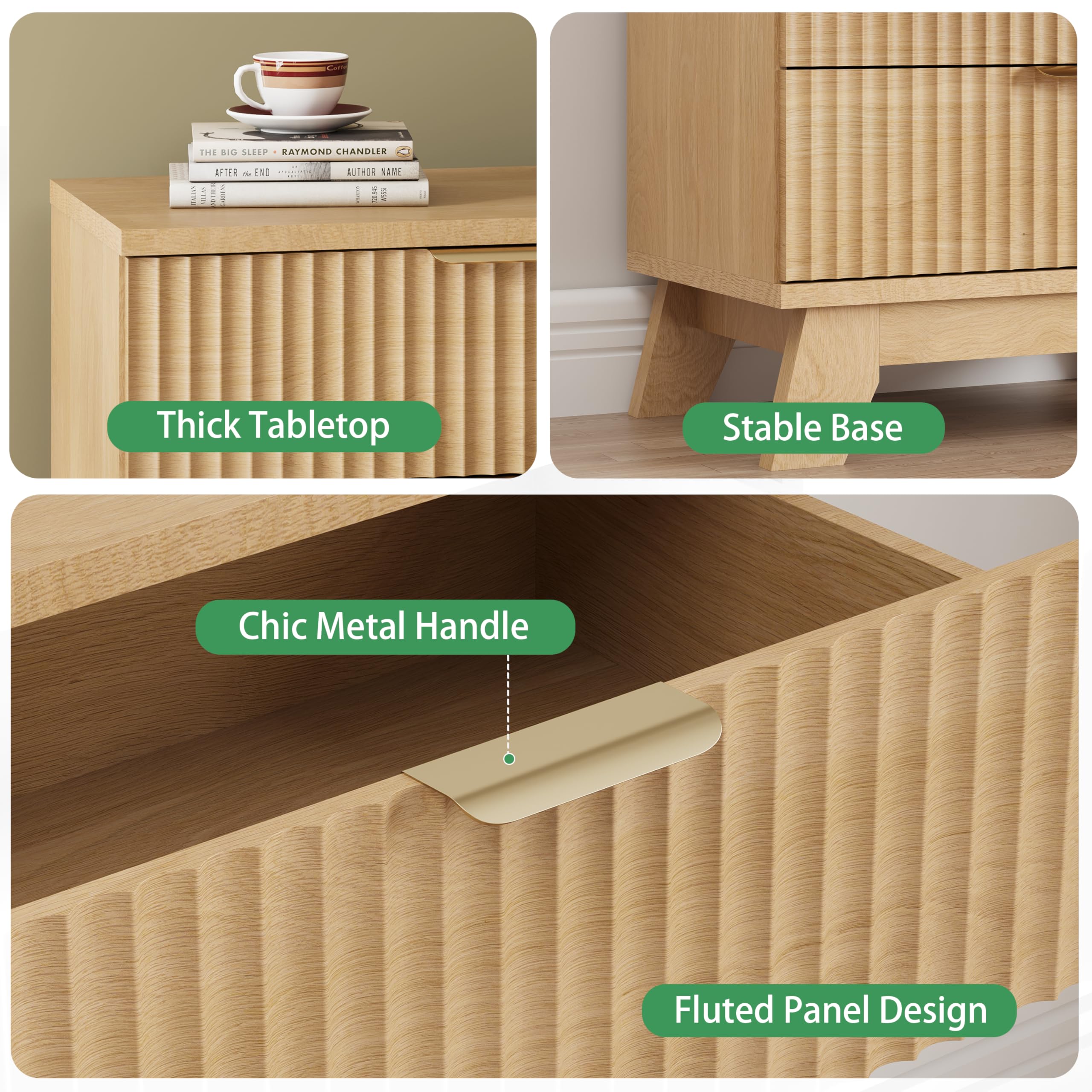 Fluted Nightstand with 3 Drawers Mid Century Modern Wood Bedside Table