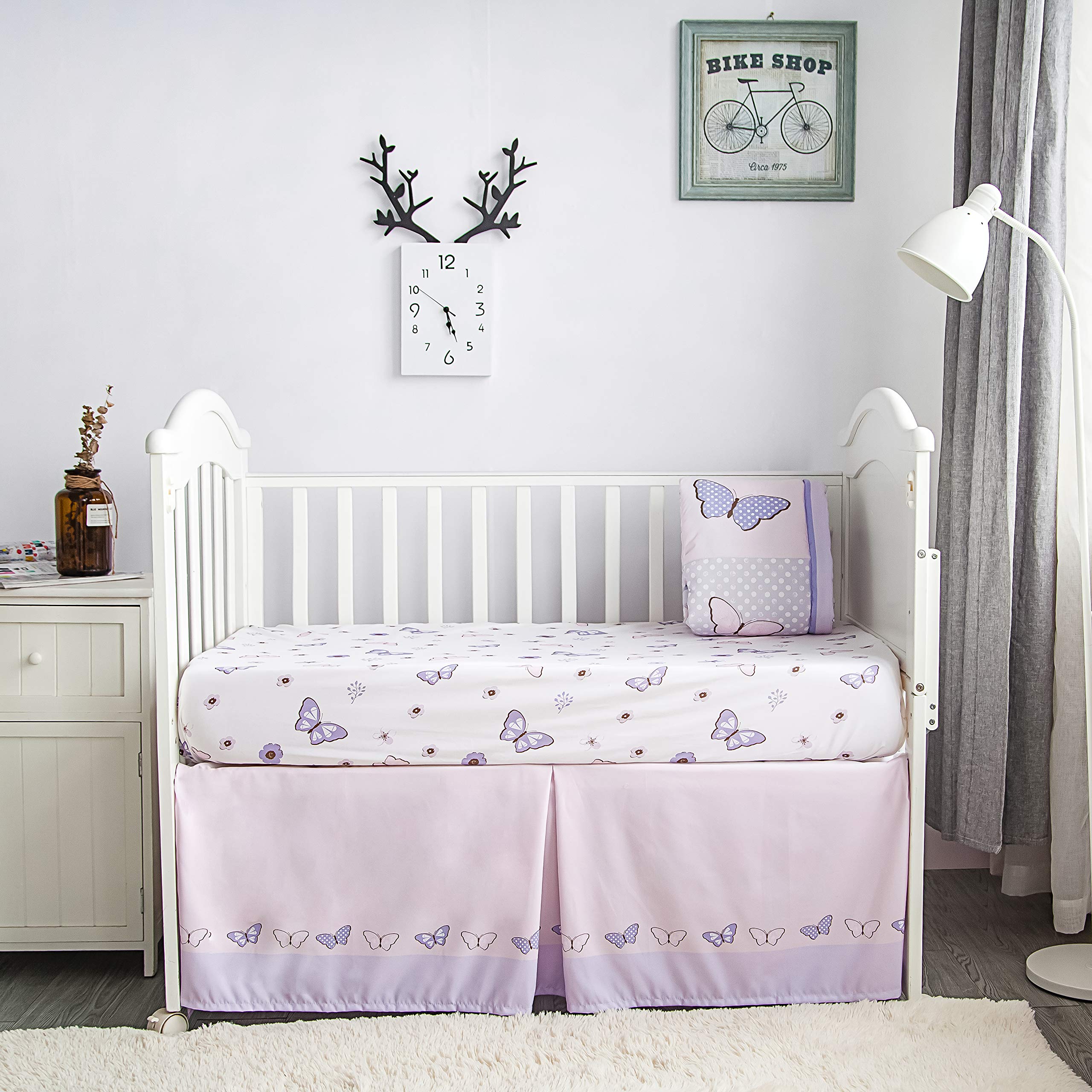 Purple Butterfly Baby Crib Bedding Set for Girls - 3 Piece Nursery Set