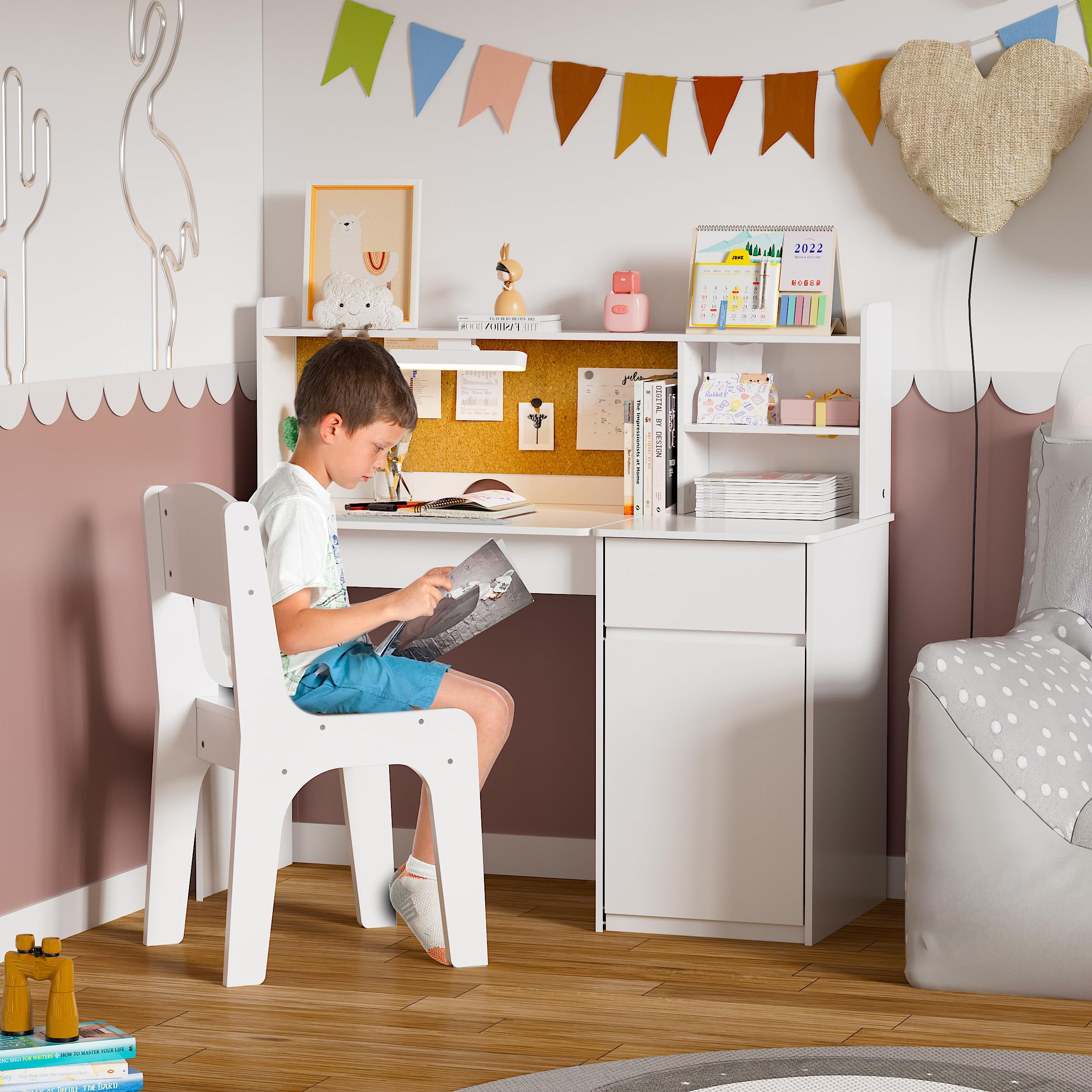 Kids Desk and Chair Set with LED Light and Tiltable Desktop