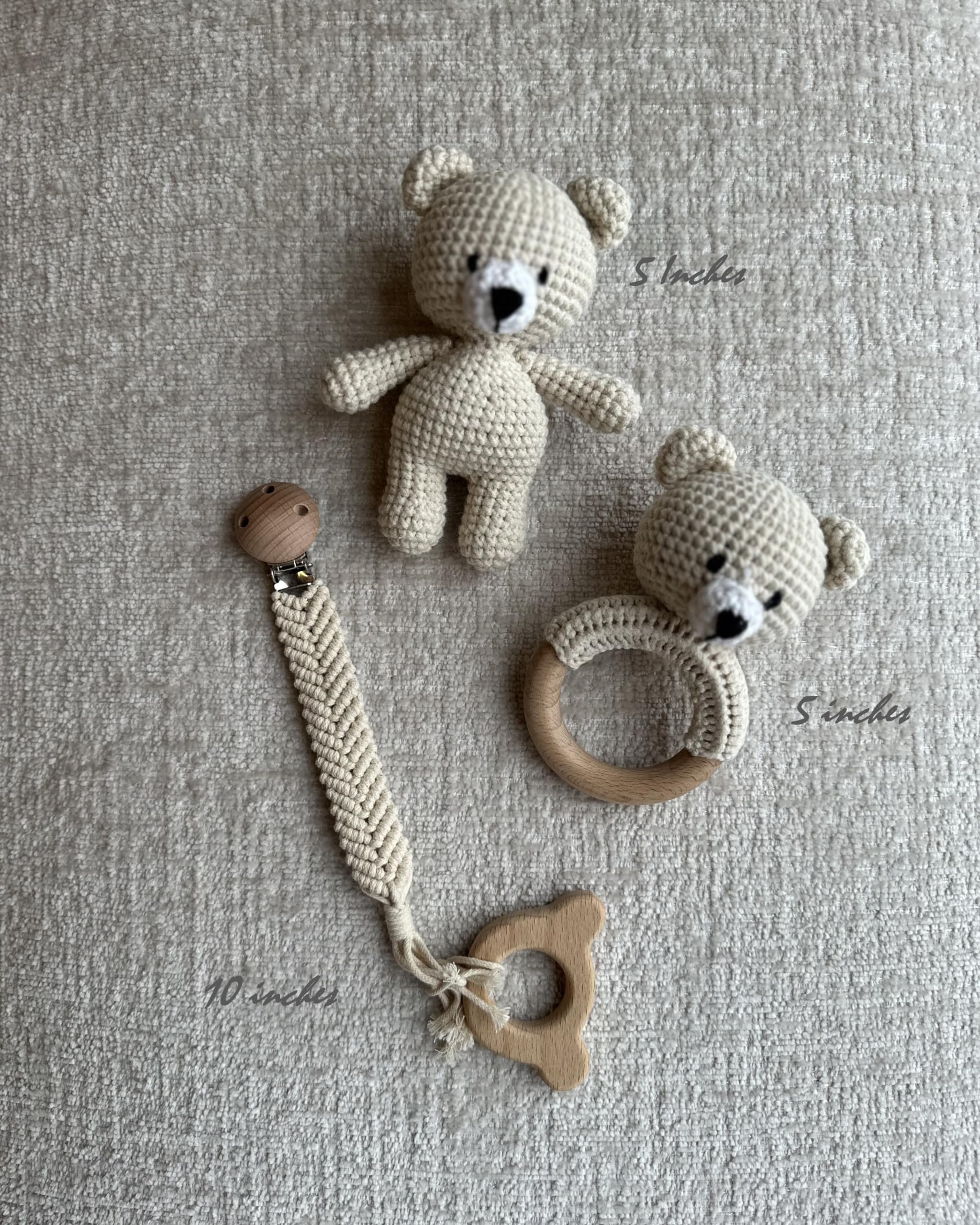 Organic Cotton Handmade Crotchet Bear Rattle, Toy, teether and Pacifier Holder
