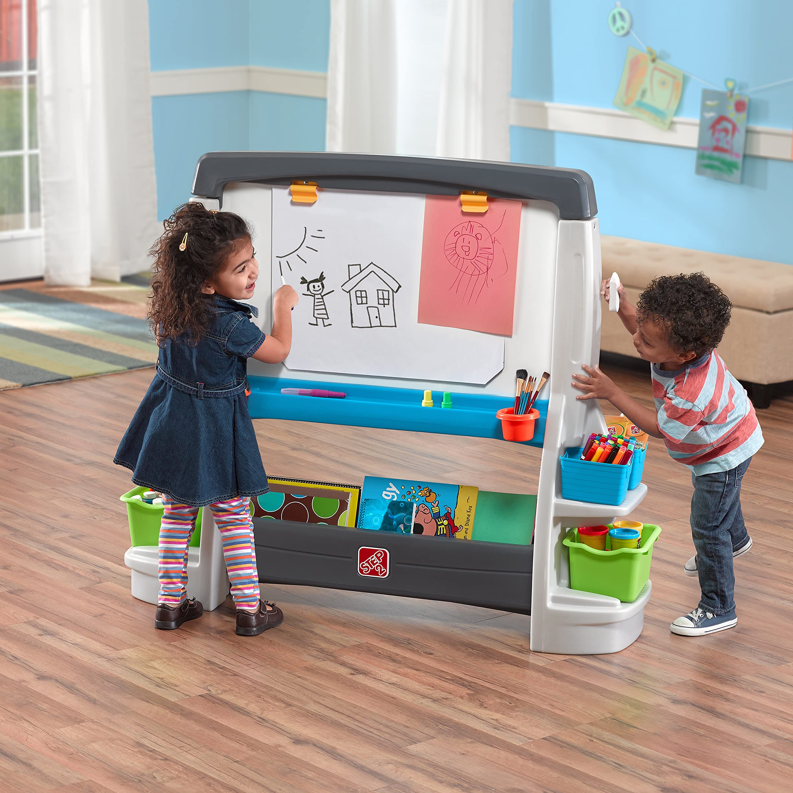 Step2 Jumbo Art Easel, Kids Activity Table, Double-Sided Art Board, Made of Durable Plastic, Includes Bins for Storage, For Toddlers 3+ Years Old