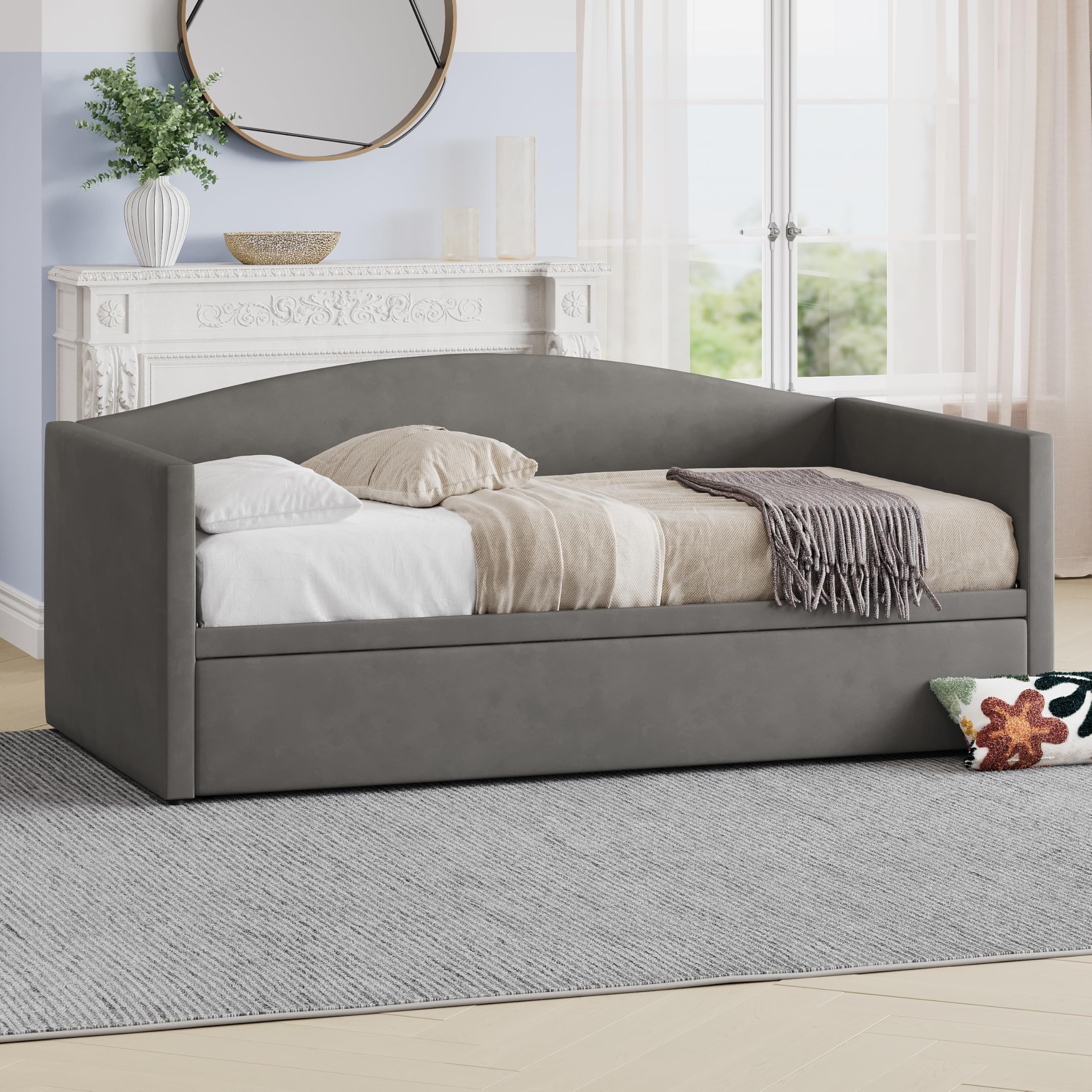 Twin Size Velvet Daybed with Extended Pop Up Trundle