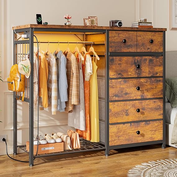 W White Dresser for Bedroom with Hanging Rack, 6 Drawers
