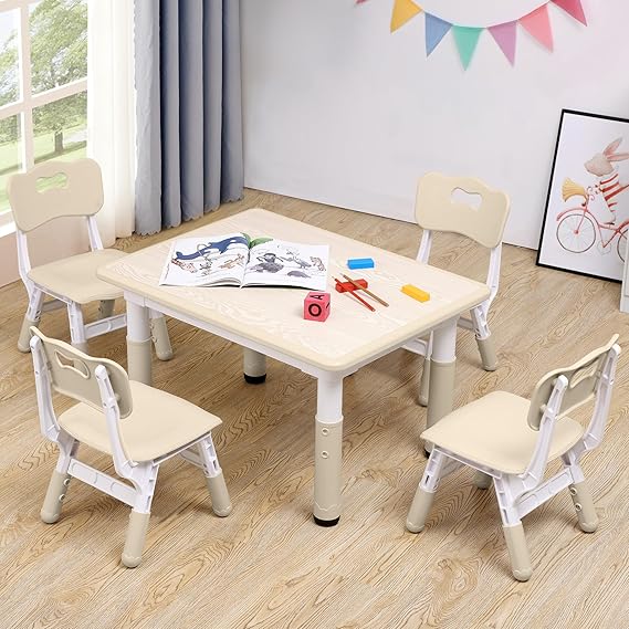Kids Table & Chairs Set (2 Chairs) Height Adjustable for Ages 2-8 | Non-Slip Toddler