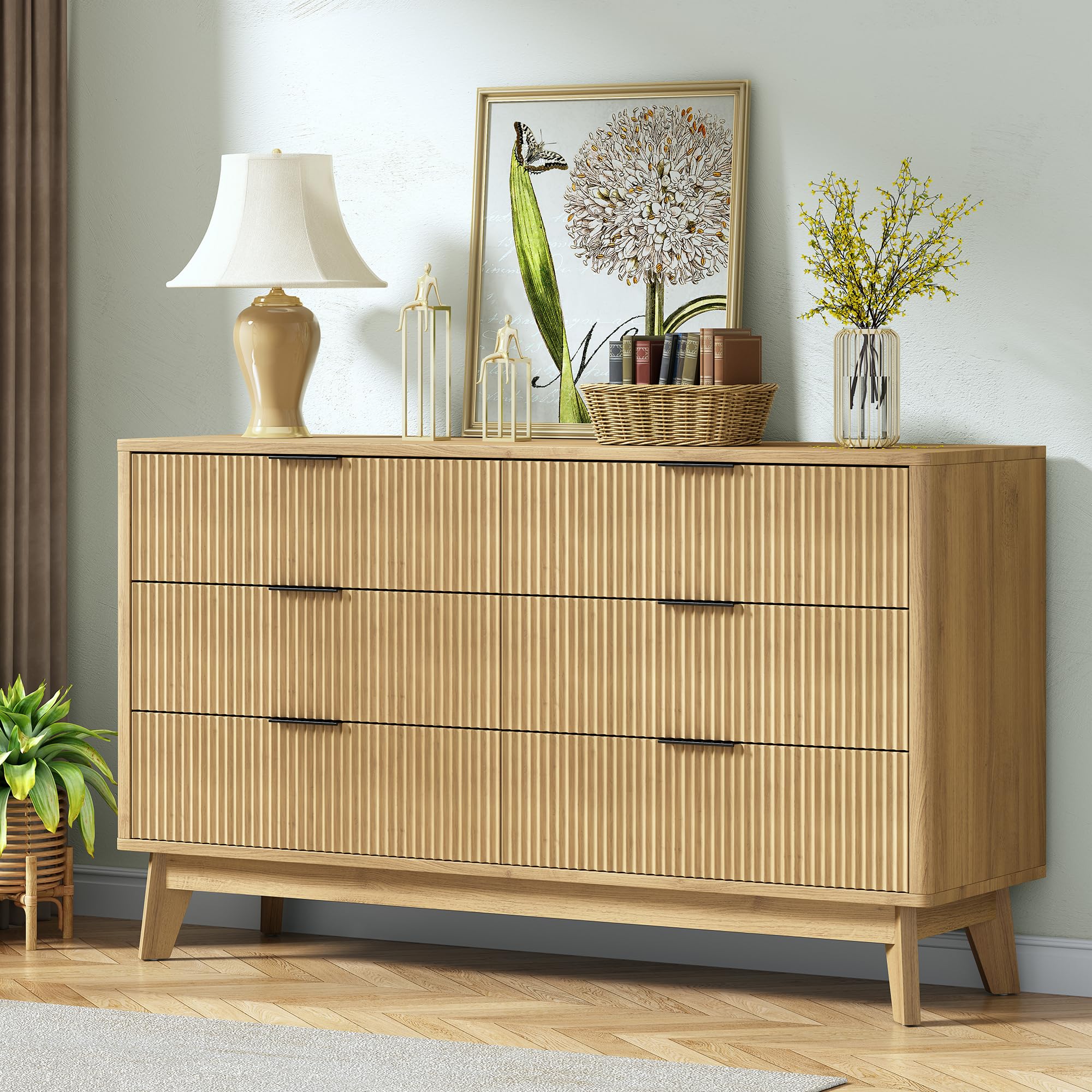 Fluted 6 Drawers Dresser for Bedroom, Wide Modern Chest