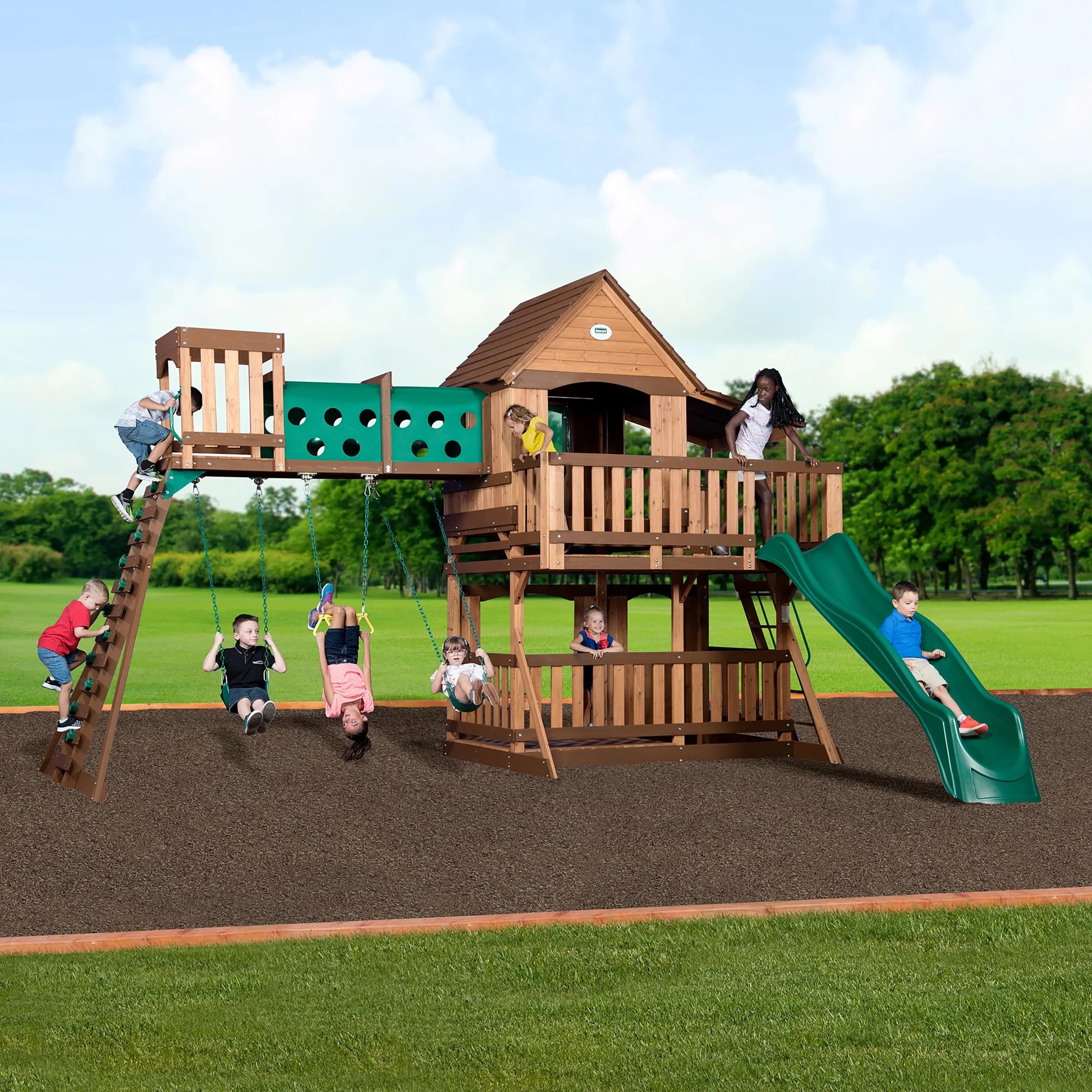 Cedar Wood Swing Set with Clubhouse, Wave Slide, and Rock Wall - Outdoor Playset
