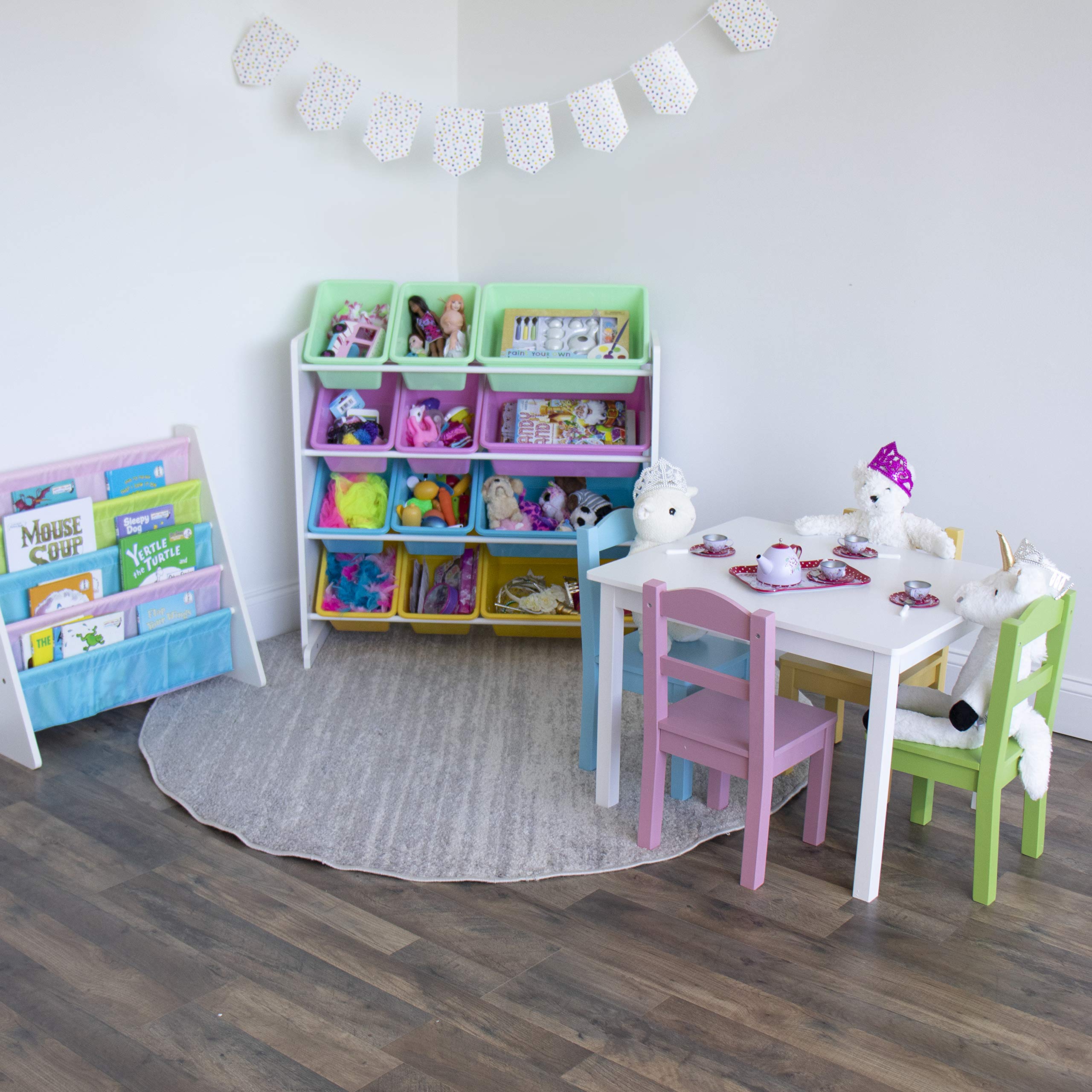 Kids Wooden Table and 4 Chairs Set, White/Pastels - Kids Table and Chair Set