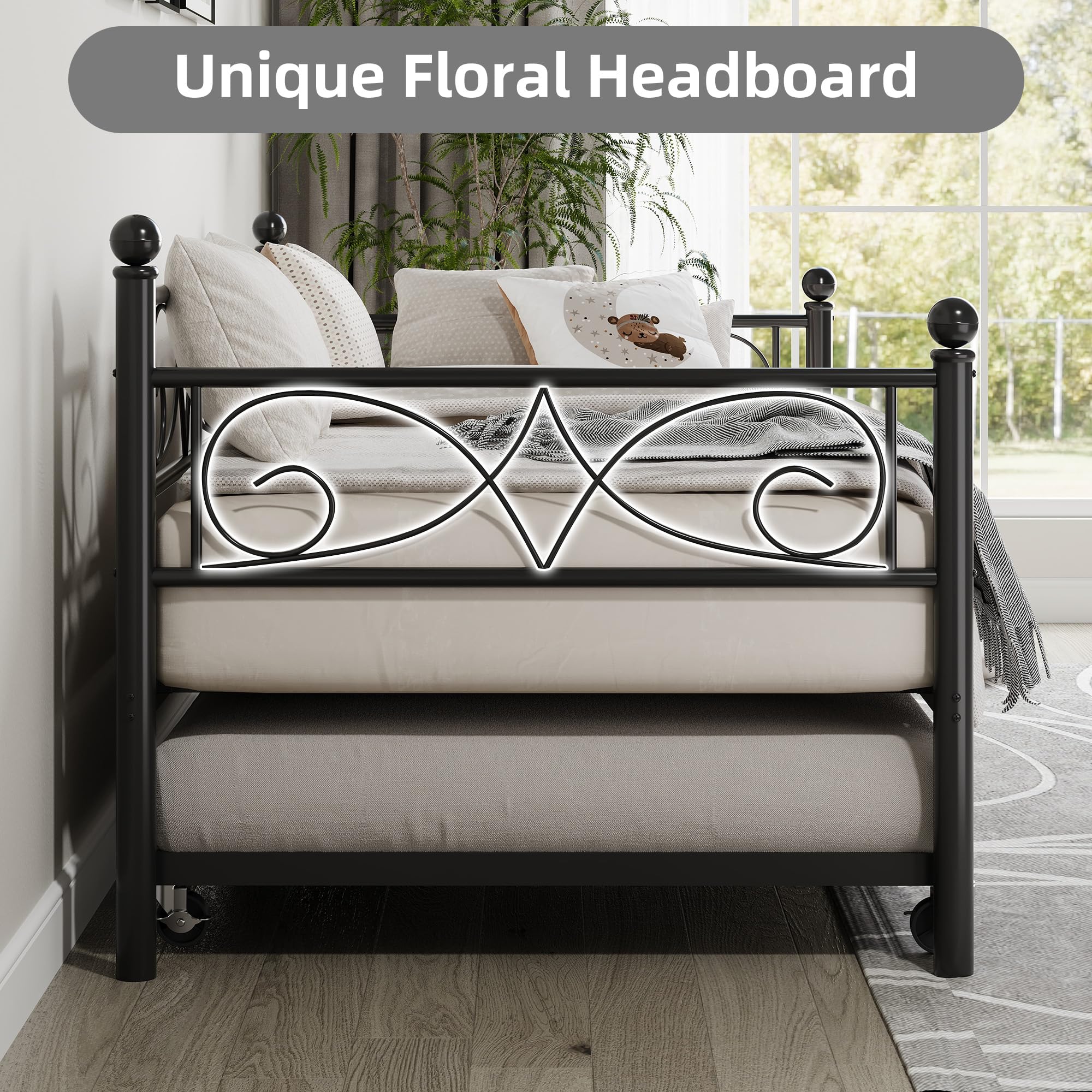 Twin Daybed with Trundle and Floral Metal Headboard
