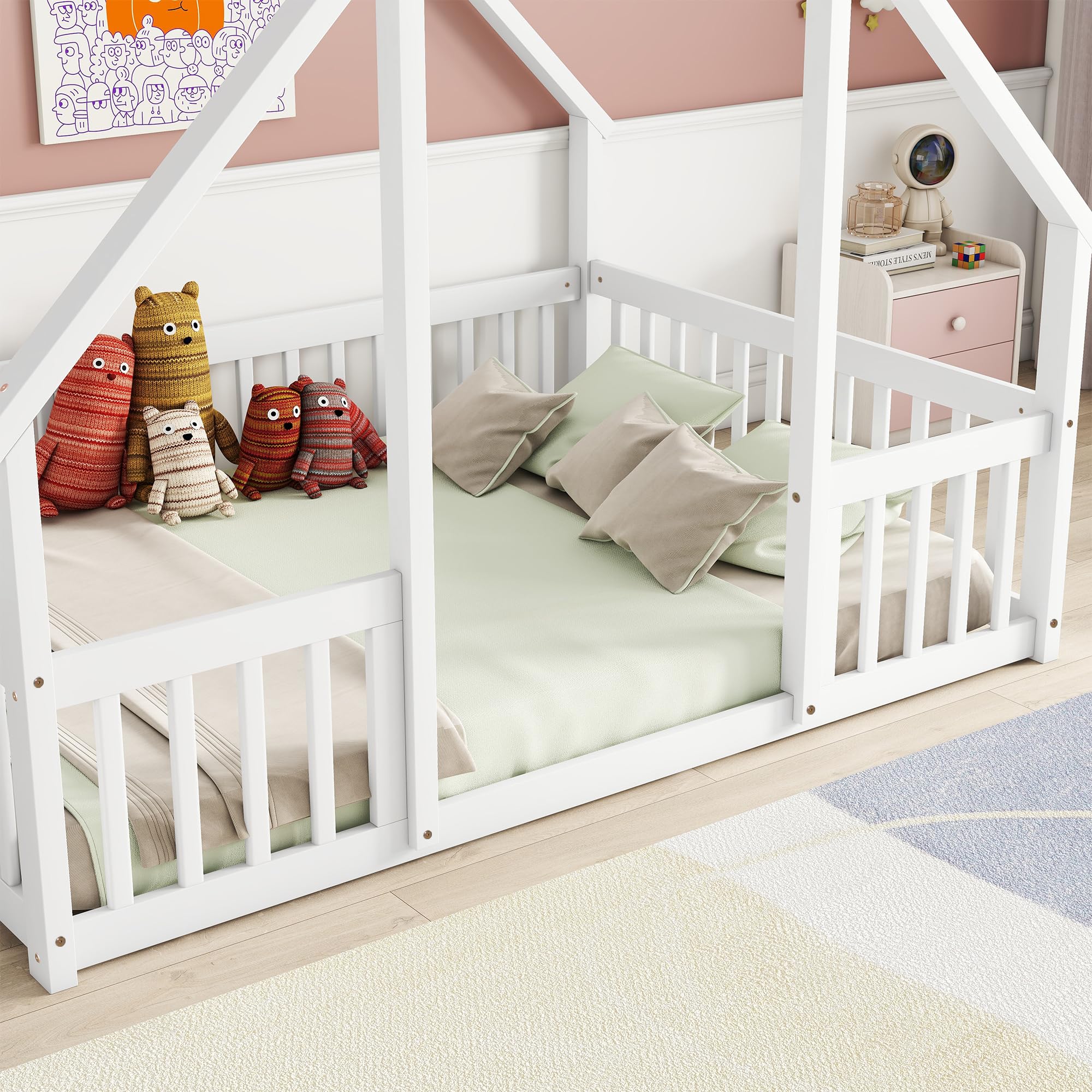 Full Size Montessori Floor Bed with Fence