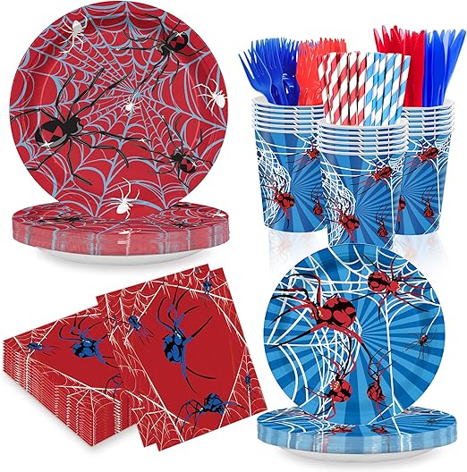 168PCS Spider Birthday Party Supplies for Boys Cartoon Spider Web Themed Party