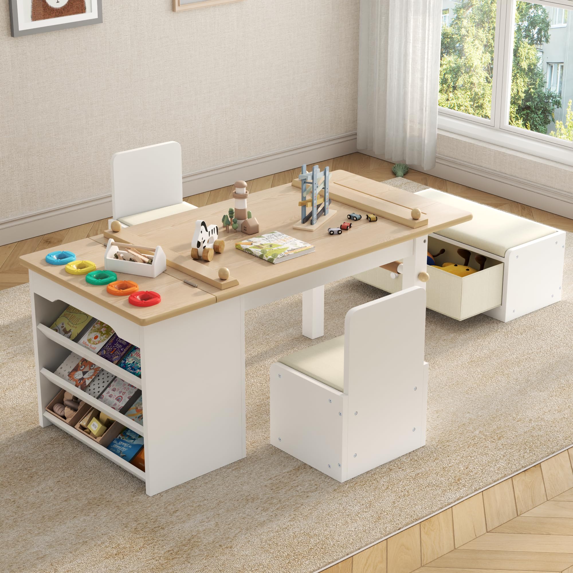Table and Chair Set, Art Desk & Easel w/ Storage Shelves