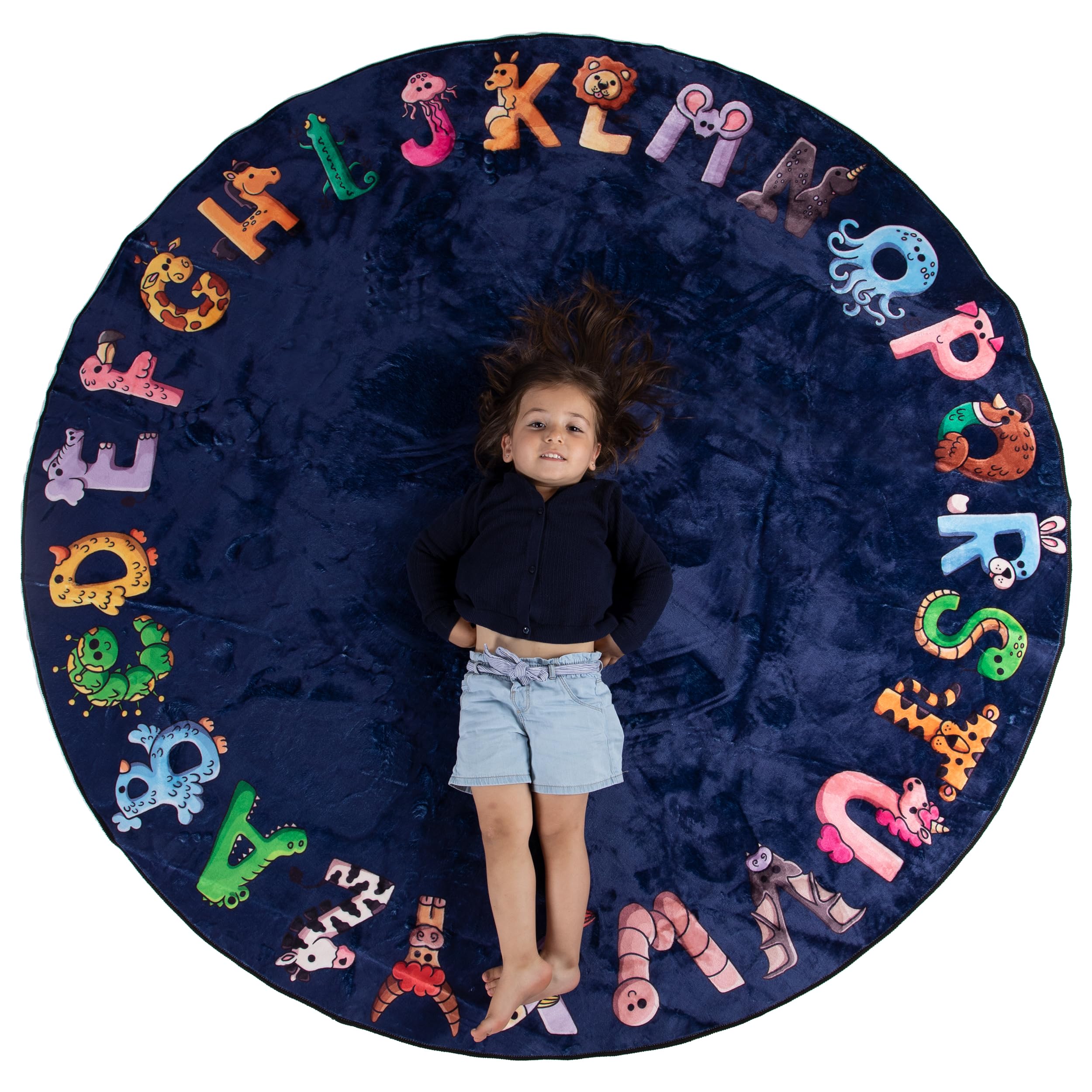 ABC Kids XL 6 ft Alphabet Rug - Nursery & Classroom - Circle Blue