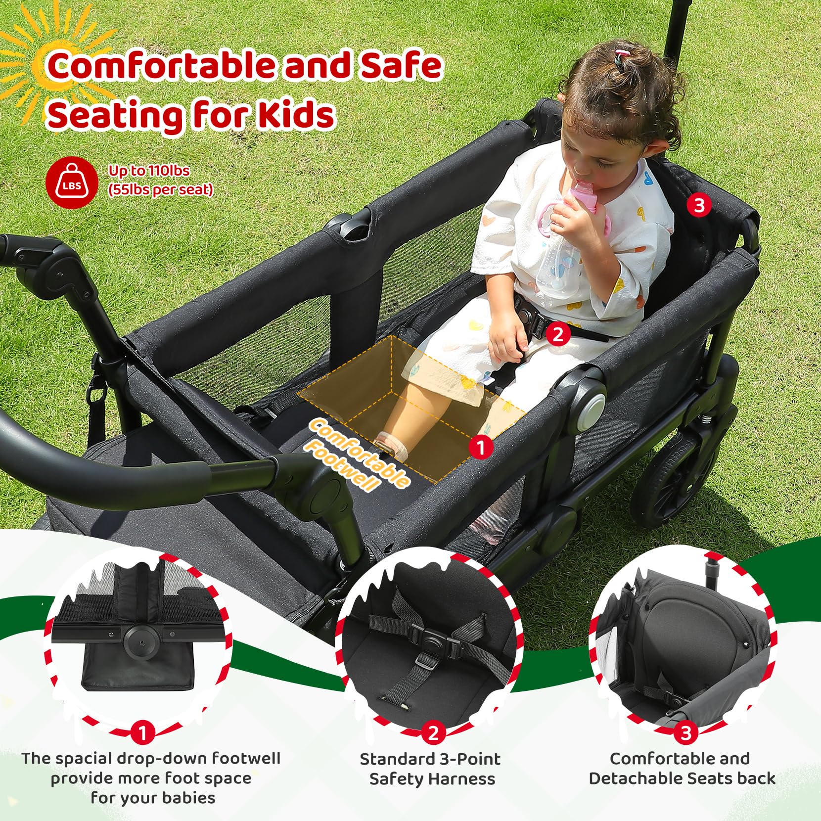 ELEMARA Wagon Stroller for 2 Kids, Premium All-Terrain Stroller with Canopy, Adjustable Push/Pull Handle Bar, Comfortable drop-down footwell and Upholstered Seats, Black