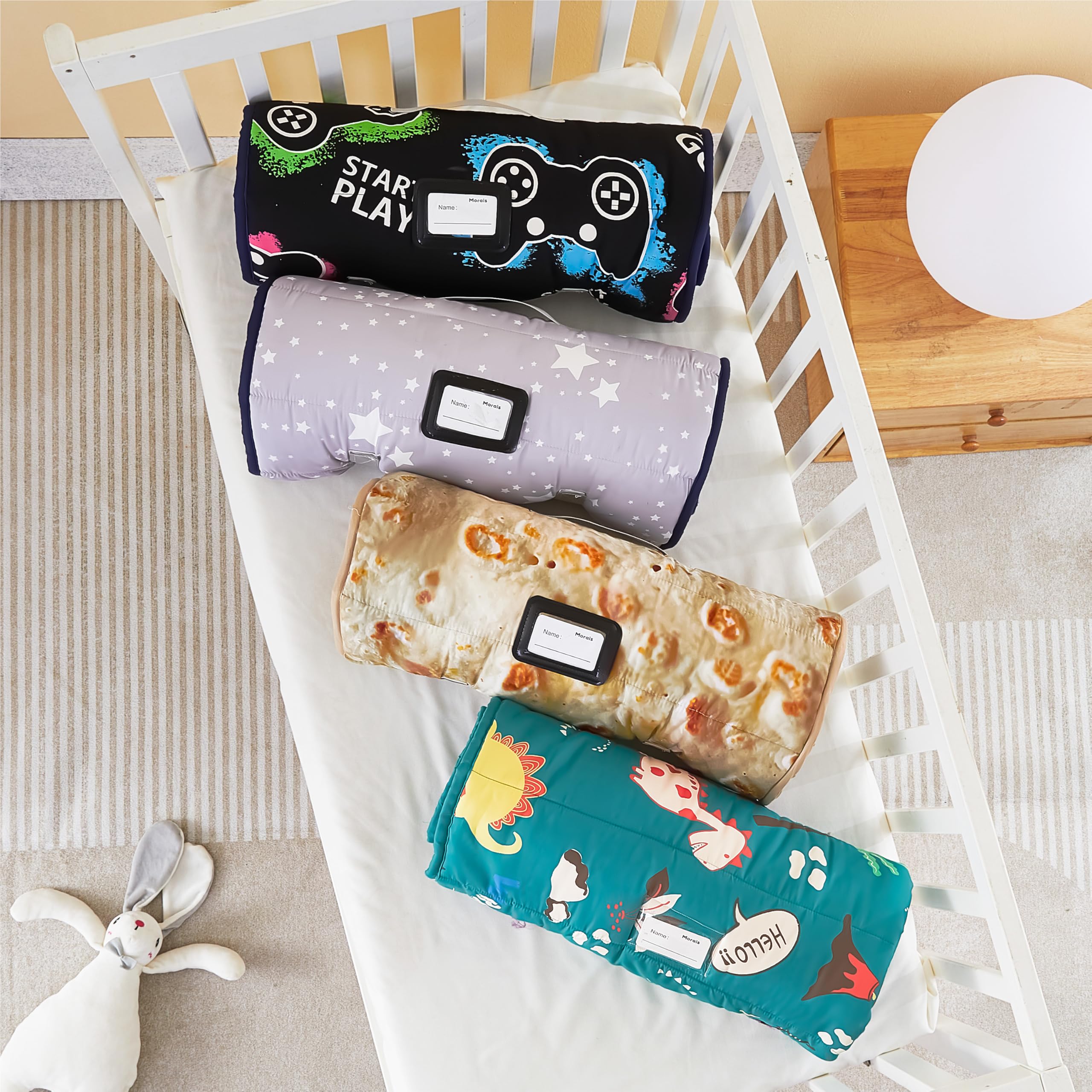 MORAIS Toddler Nap Mat with Removable Pillow and Blanket, Glow in The Dark 52" x 20" Lightweight and Soft Nap Mat for Preschool, Daycare, Travel Sleeping Mat Slumber Bag for Kids (Game)