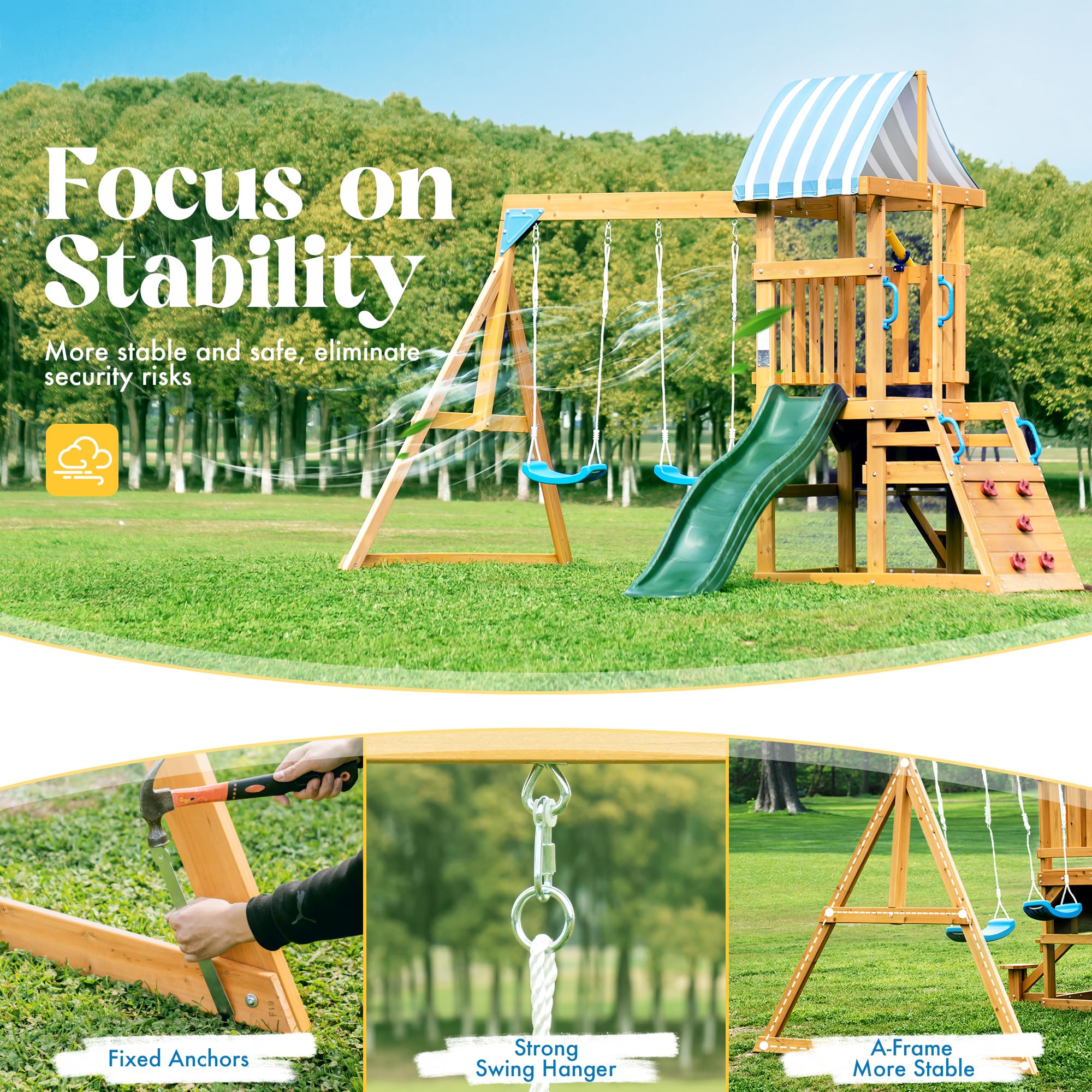 Wooden Swing Set with Slide and Climbing Ladder