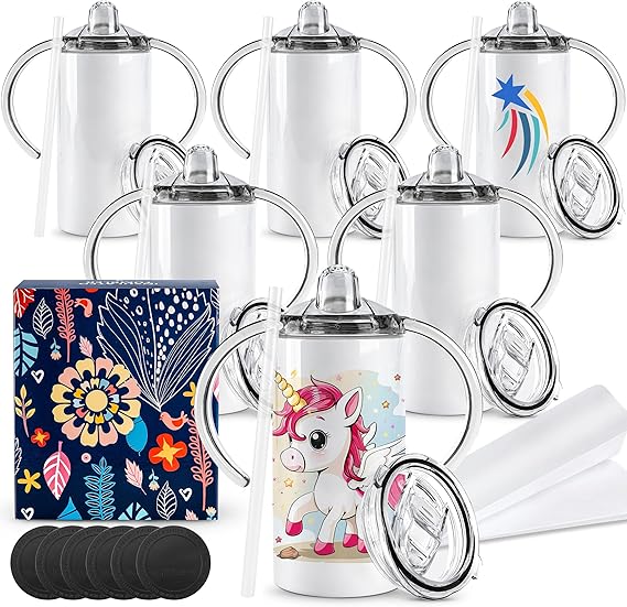 6 Pack Sublimation Sippy Cups Toddler Tumbler Blanks 12 oz Kids
