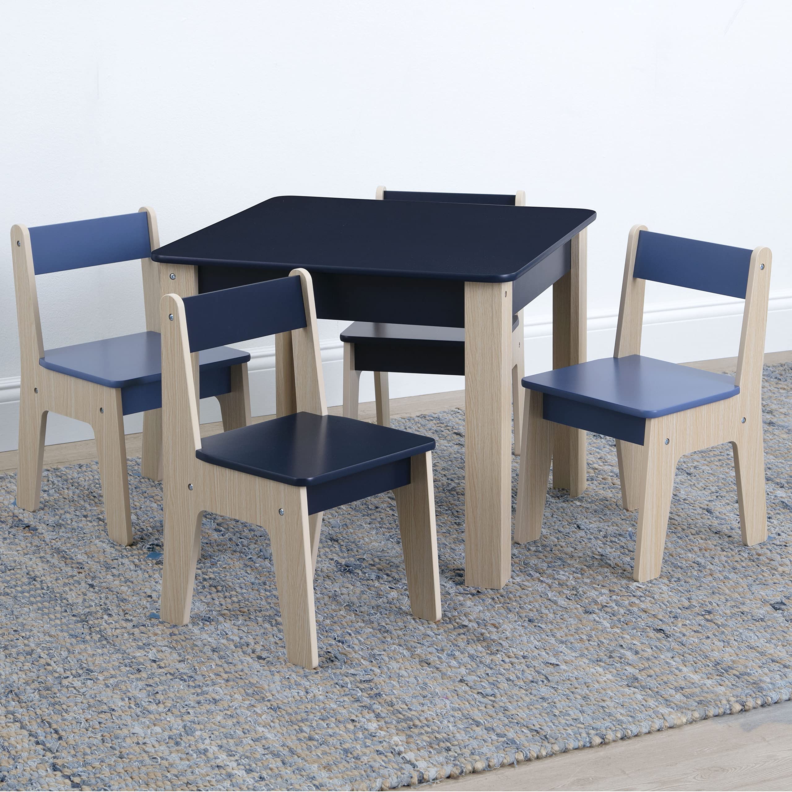 Wooden Round Table & 2 Chair Set with Center Mesh Storage - Pink & White