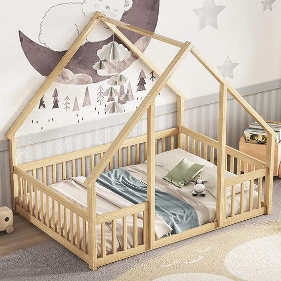 Twin Floor Bed for Kids with House Frame and Fence