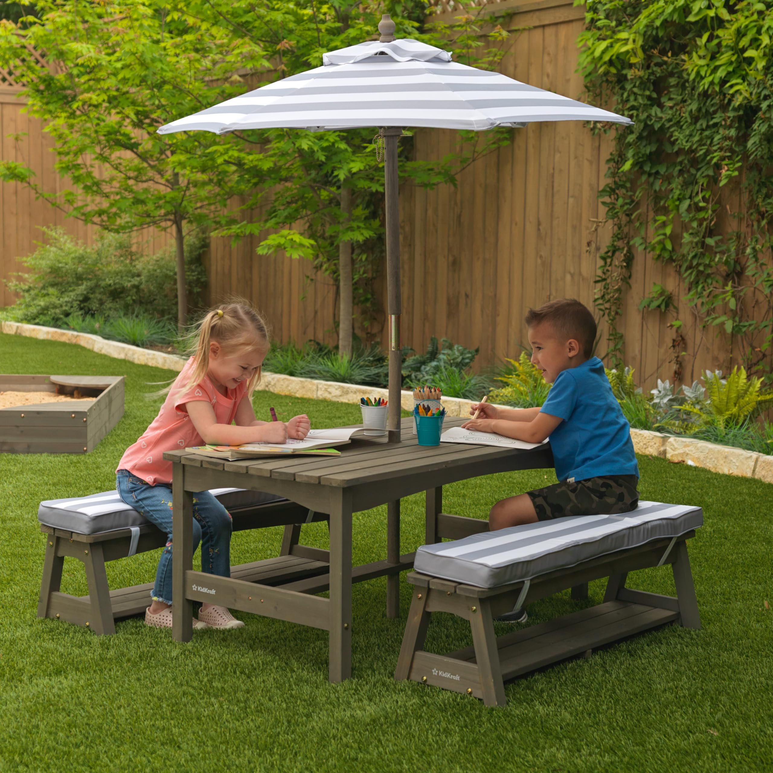 Outdoor Wooden Table & Bench Set with Cushions and Umbrella