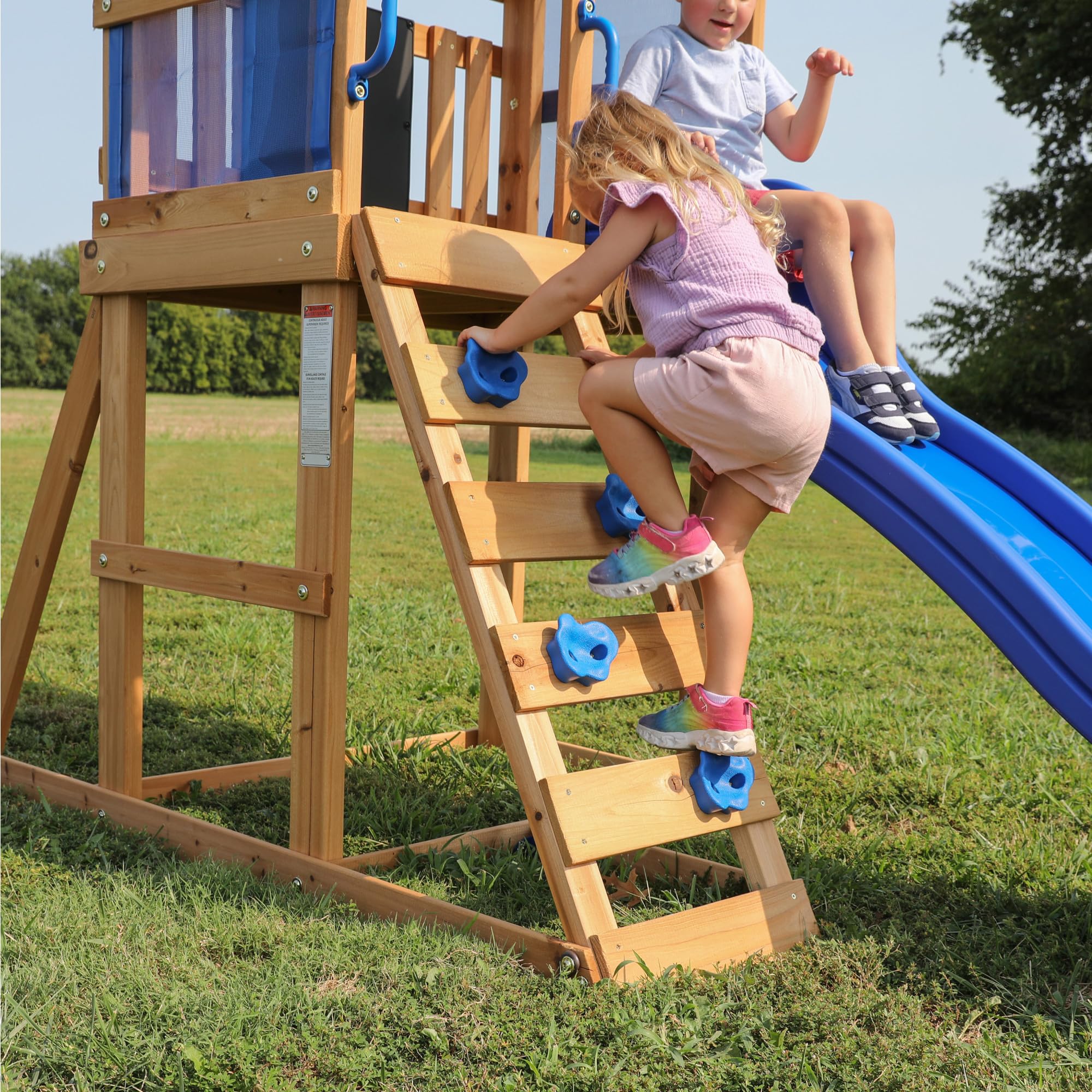 Cedar Wood Swing Set with Wave Slide and Play Deck for Kids